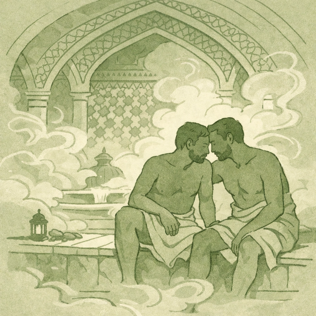 Two men share intimate moment in ancient Central Asian bathhouse with Islamic tilework and steam