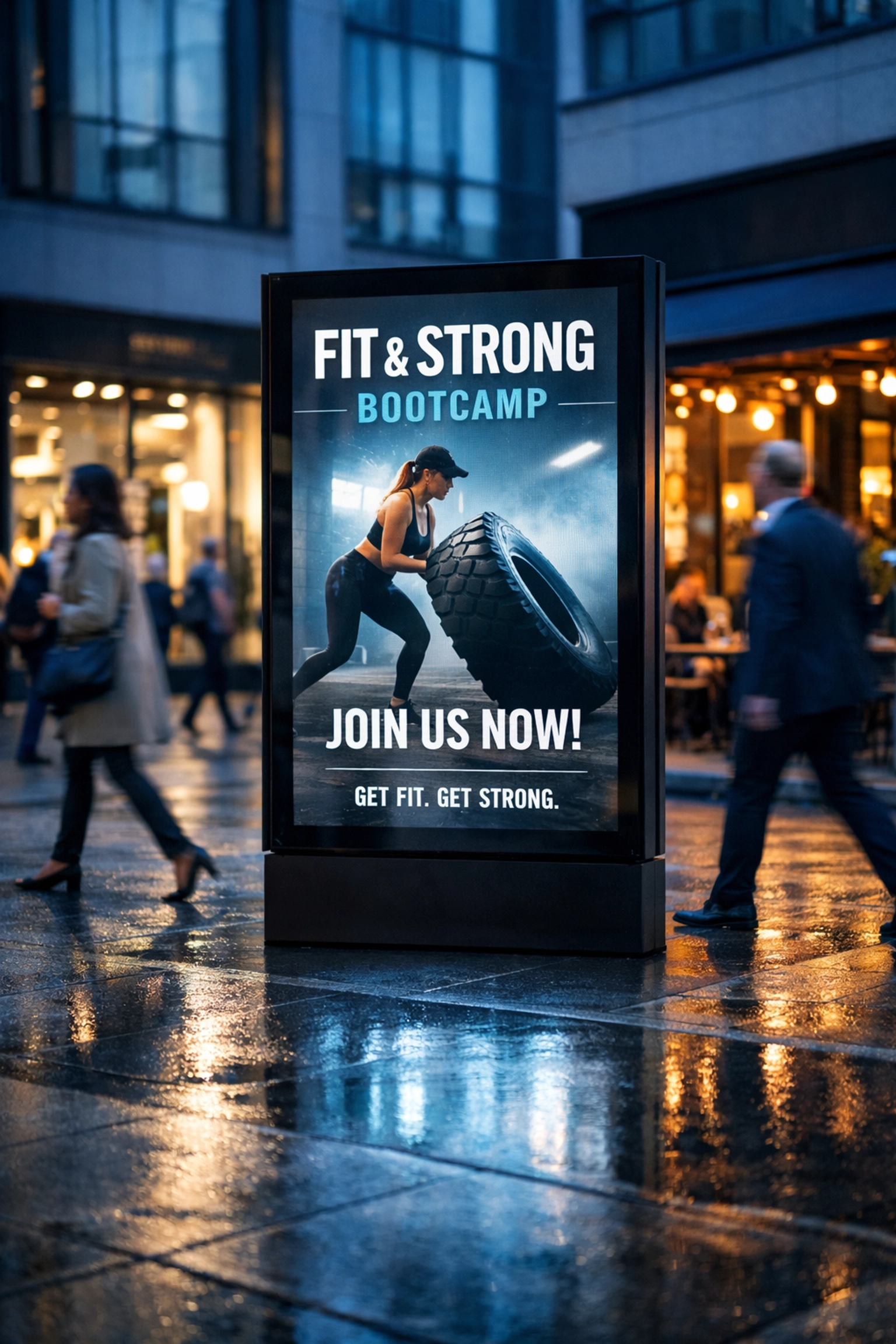 Vertical digital advertising screen displaying targeted ads in a modern urban shopping district.