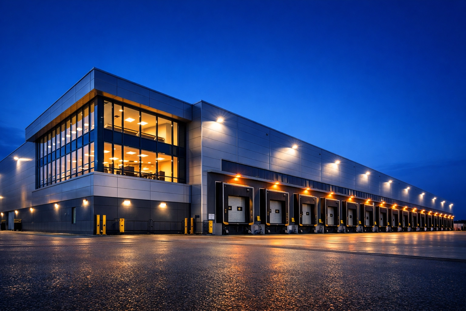 Modern logistics distribution center showcasing brand visibility and strategic media solutions in the supply chain.