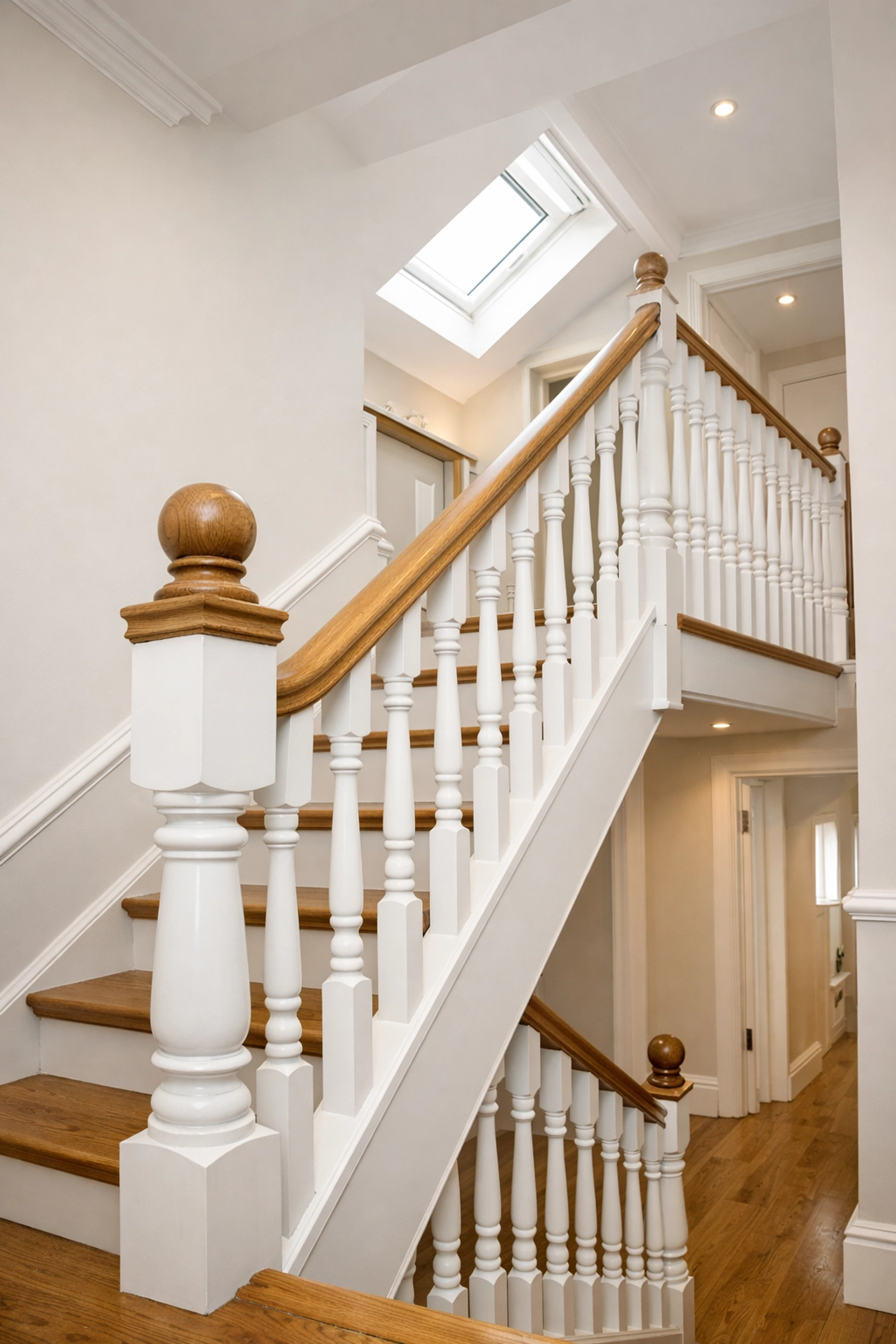 High-quality bespoke timber staircase matching original joinery for a London loft conversion.