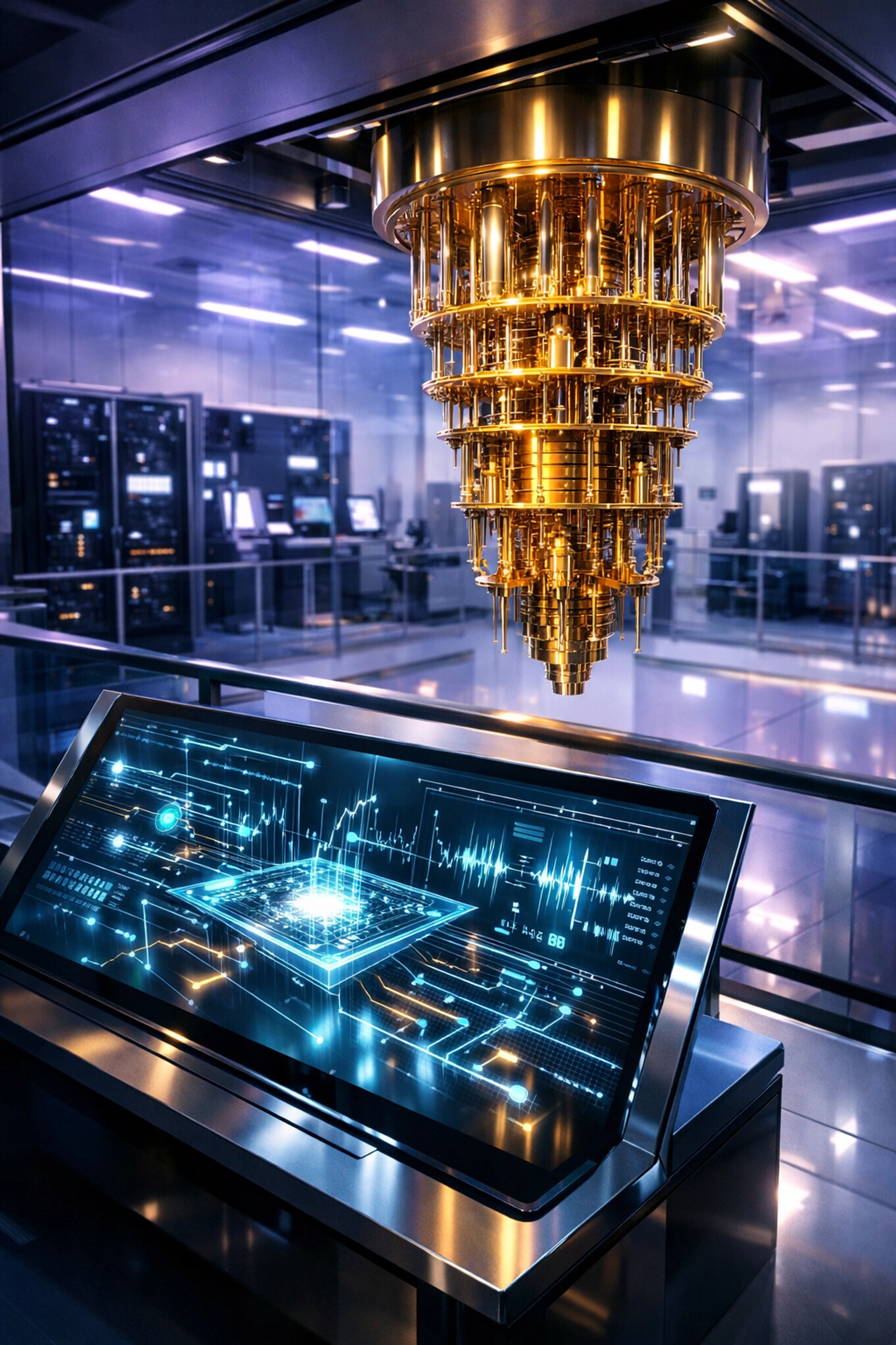Modern quantum computer hardware featuring a golden dilution refrigerator and a digital circuit interface.