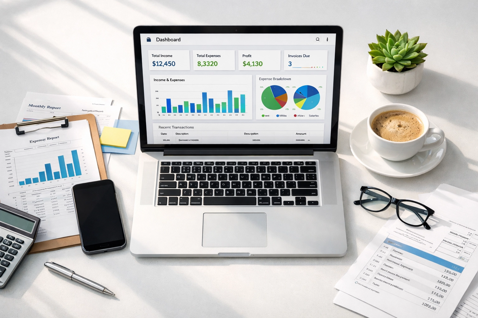 Organized workspace with automated bookkeeping dashboard and financial documents Organized workspace with automated bookkeeping dashboard and financial documents