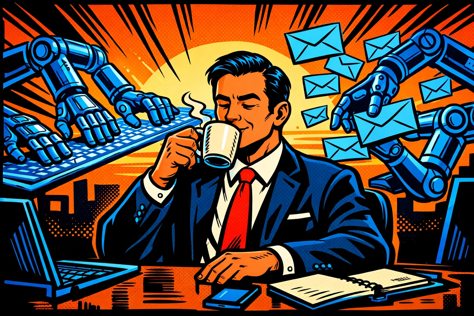 Business owner relaxing while automated digital arms manage administrative tasks and email workflows.