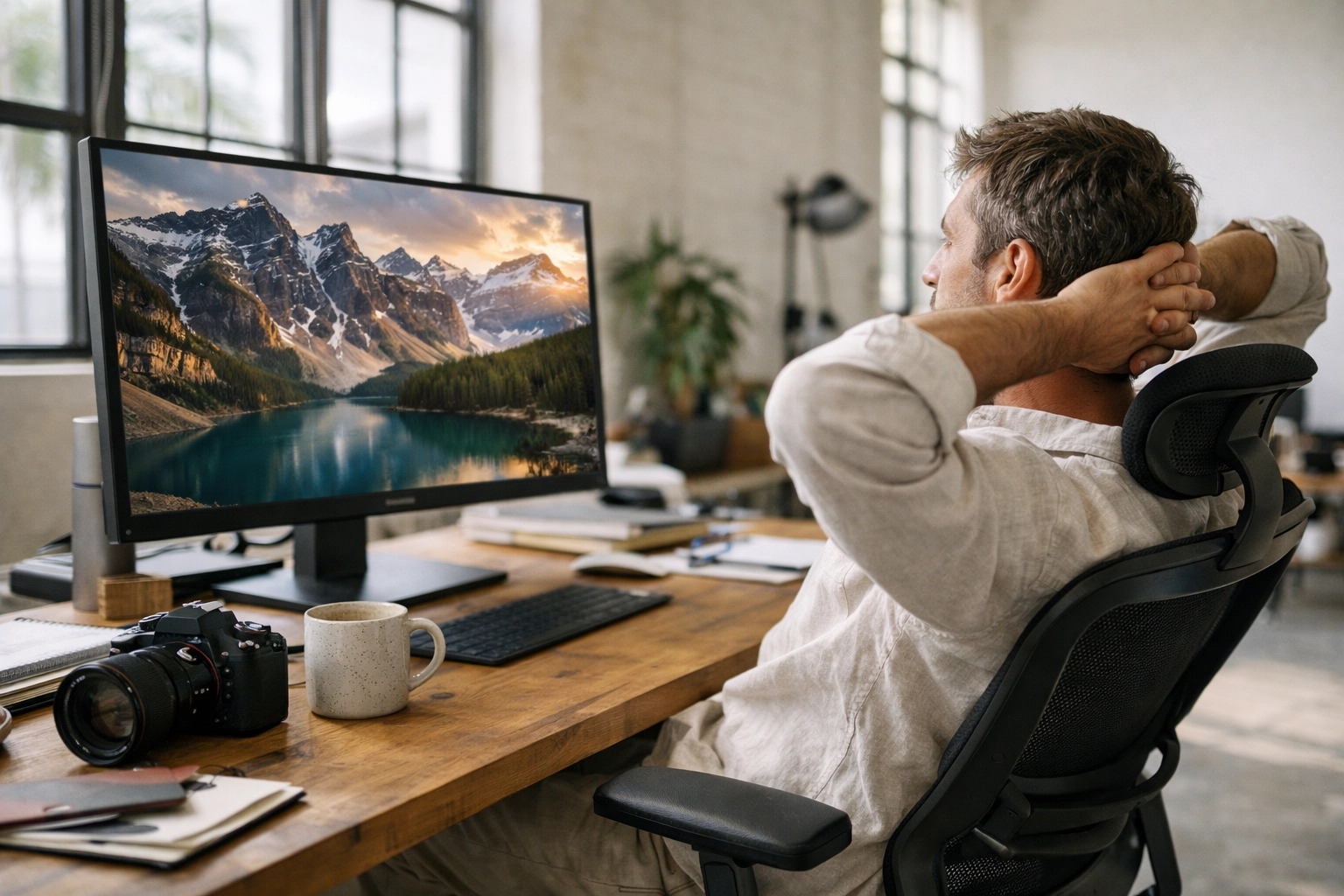 Professional photographer in a Miami studio reviewing his portfolio to find high-end jobs for photographers.