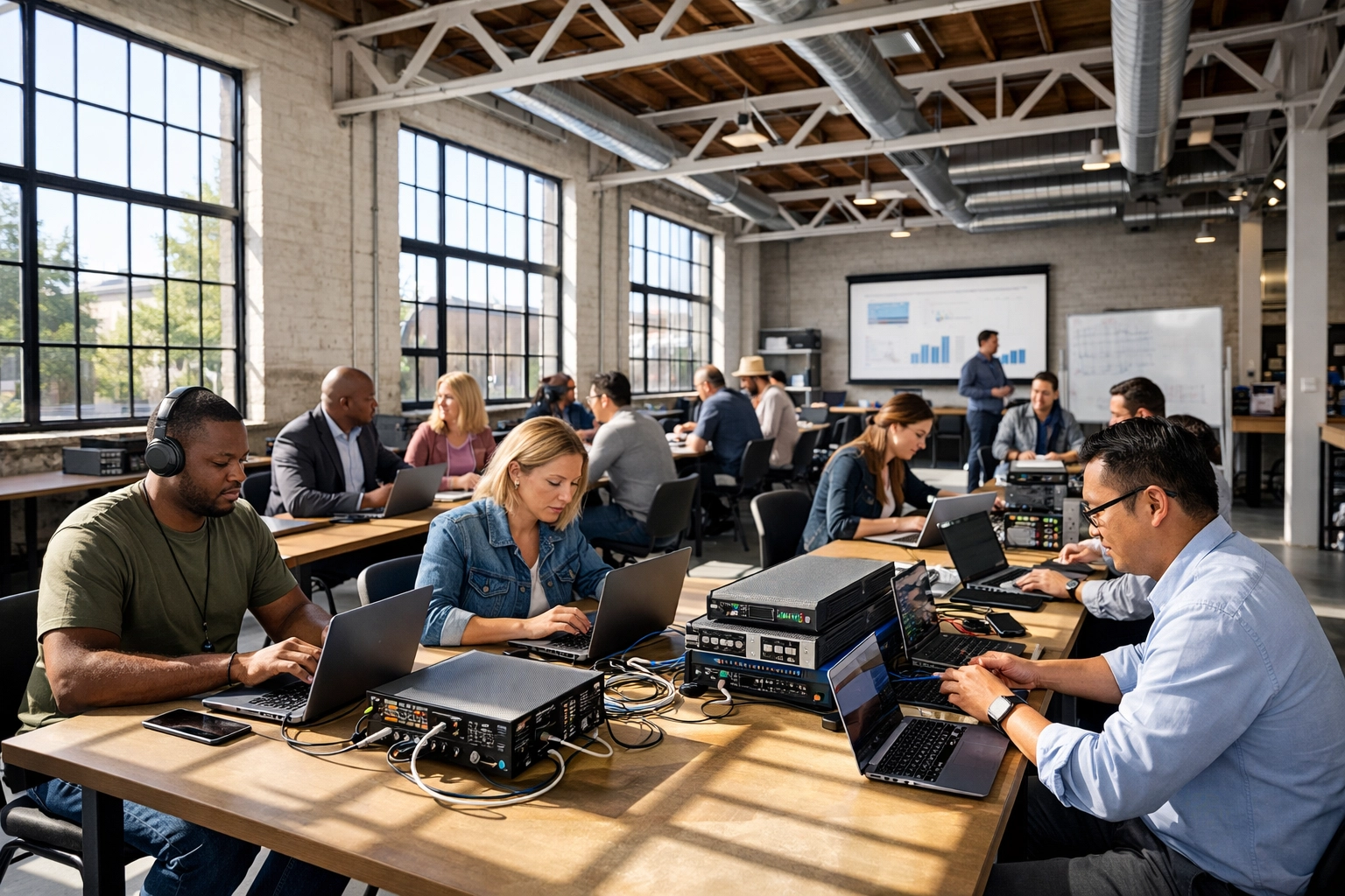 Diverse learners at a bright, industrial career-readiness hub for technical workforce development.