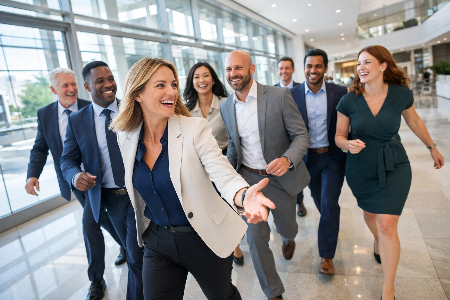 Confident professionals walking through a bright office lobby after a successful positive leadership workshop.