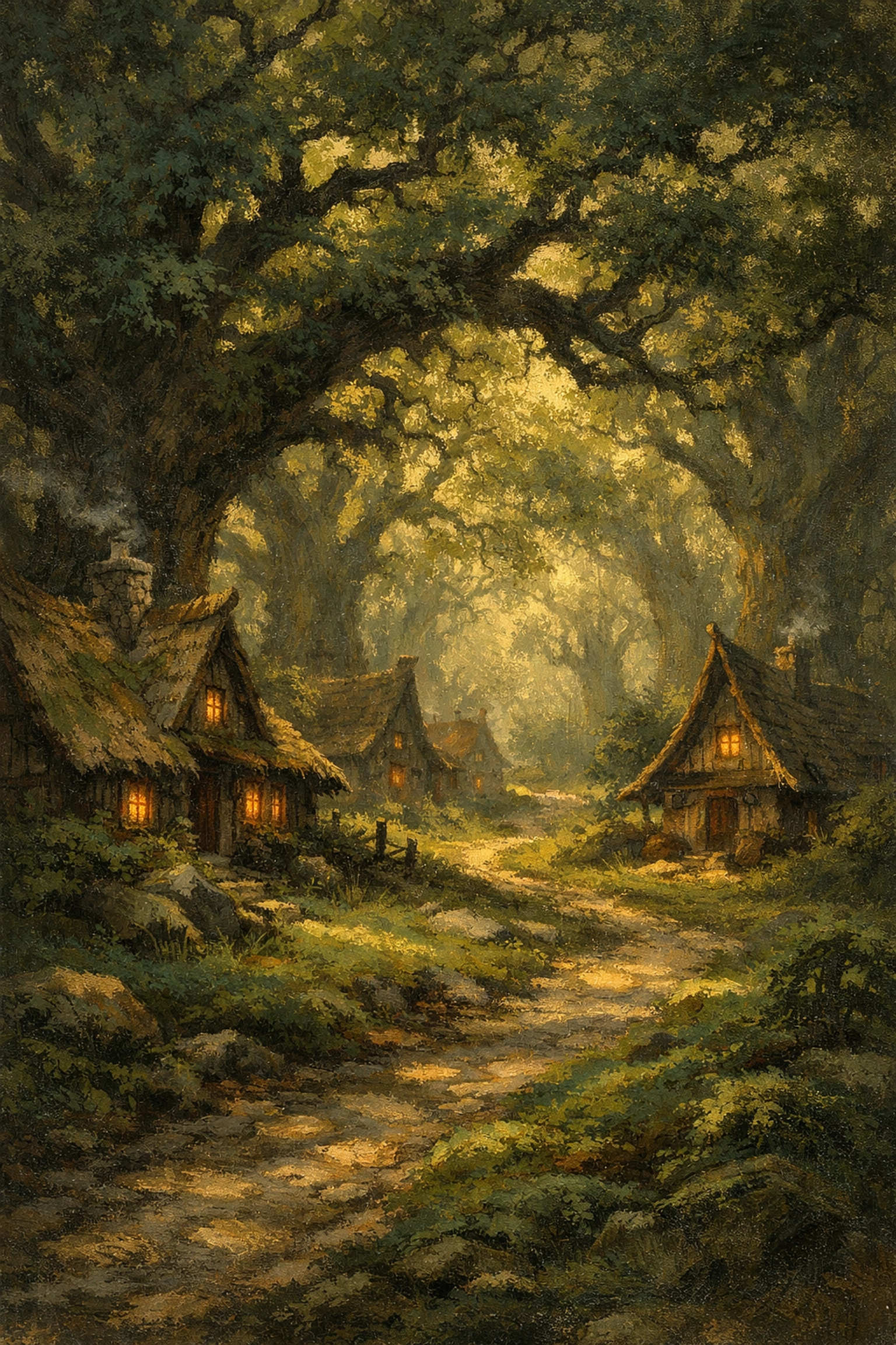 Eldergrove village nestled beside ancient oak forest south of Lake Silvermere in Cantorin