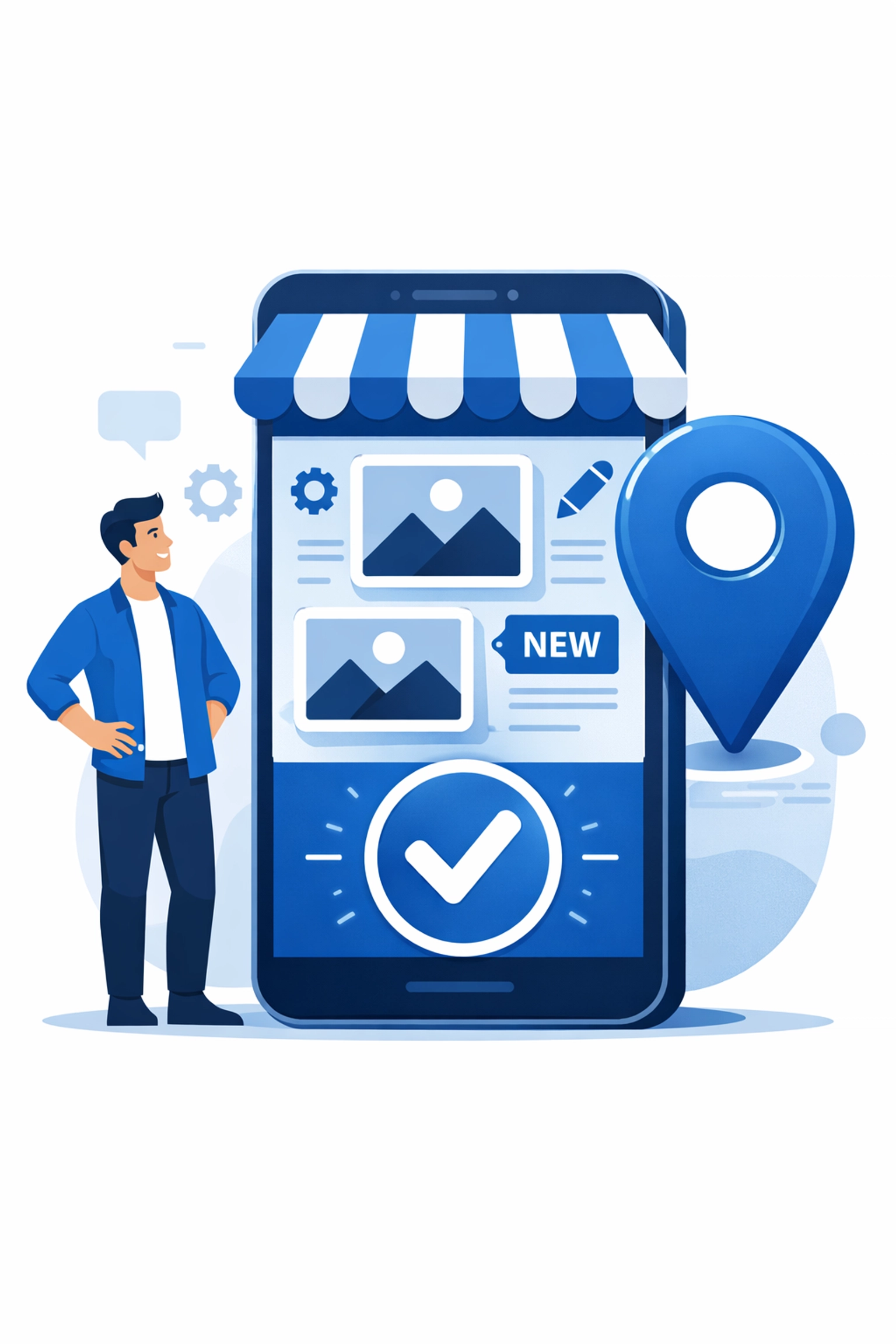Illustration showing a professional optimizing a Google Business Profile for local SEO and Map Pack dominance.