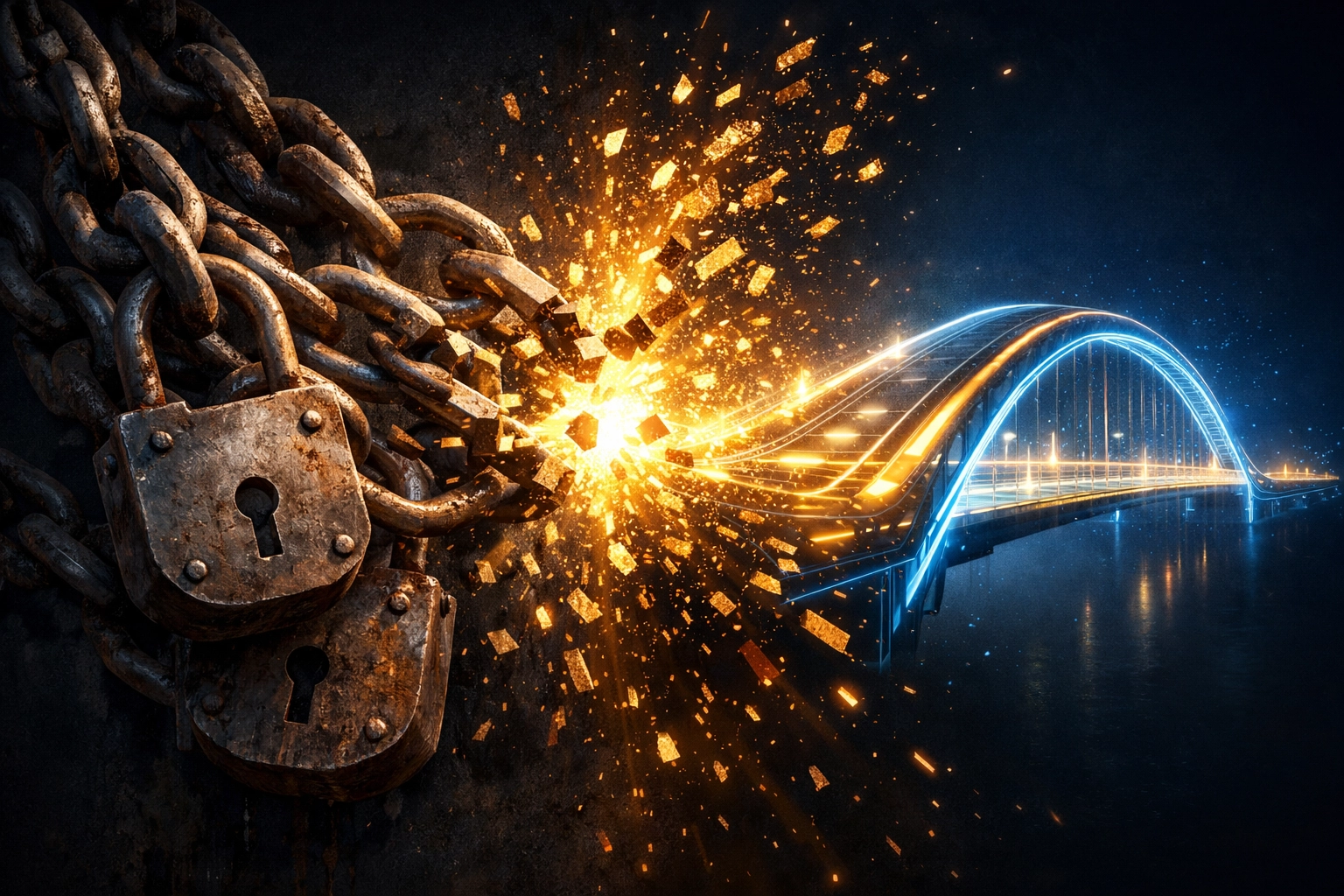 Chains breaking into digital light representing the transition to secure Web3 self-custody merchant accounts.