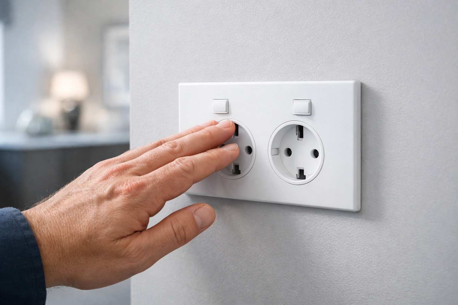 Checking an electrical socket for heat as part of a home safety checklist by electricians in Dorset.