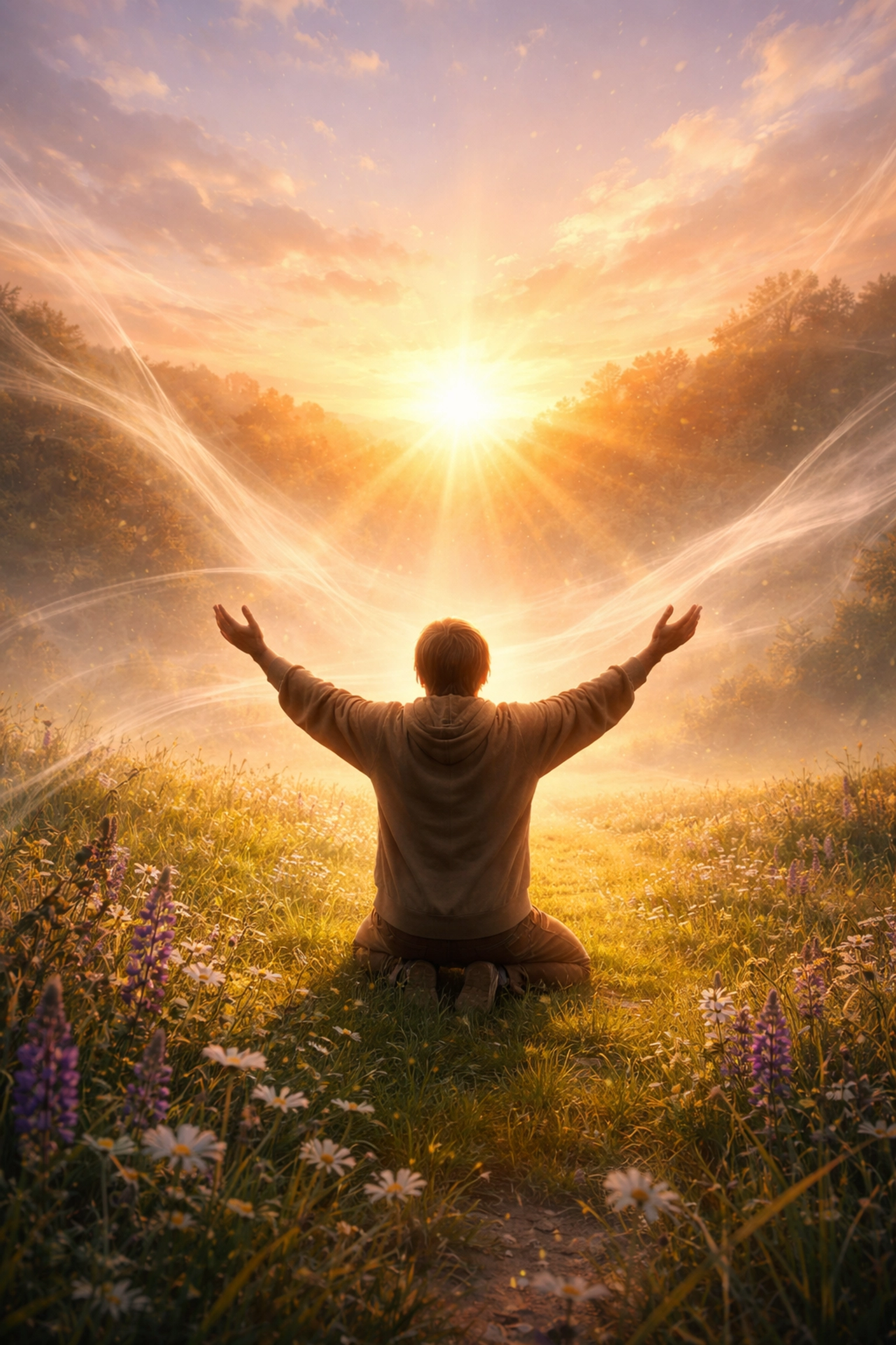 A person kneeling with arms raised to a sunrise, illustrating spiritual transformation and Holy Spirit empowerment
