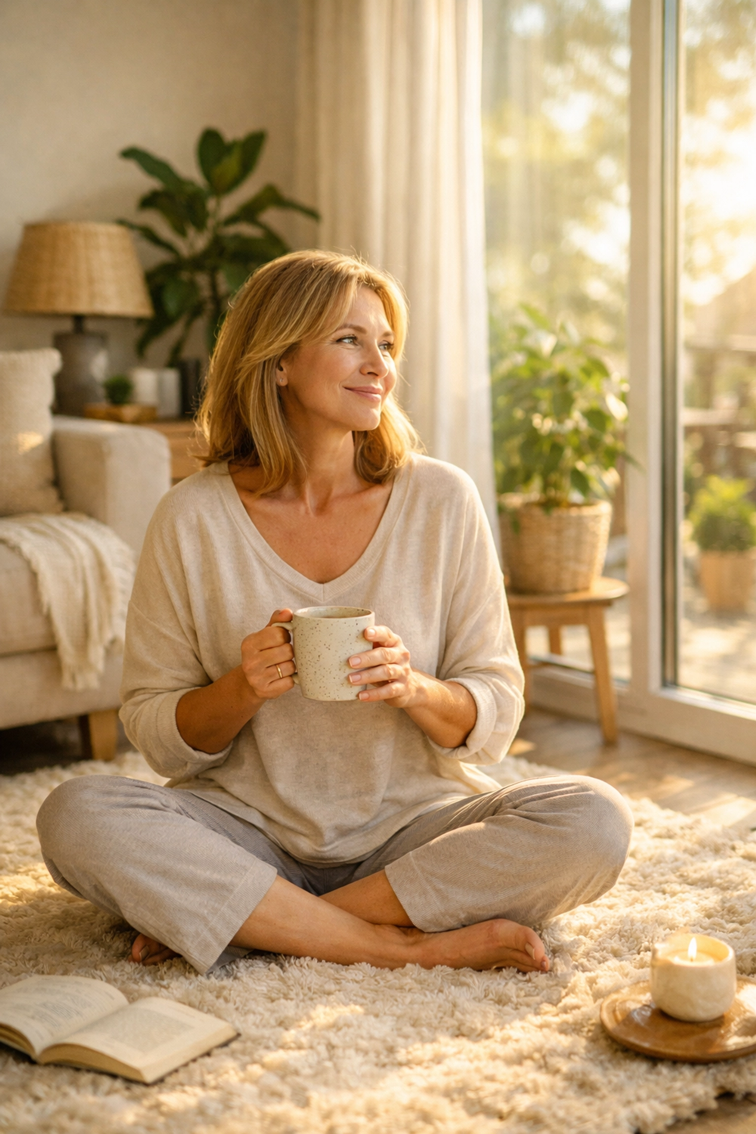 A woman in her 50s enjoying a quiet moment of self-care in her peaceful living room.