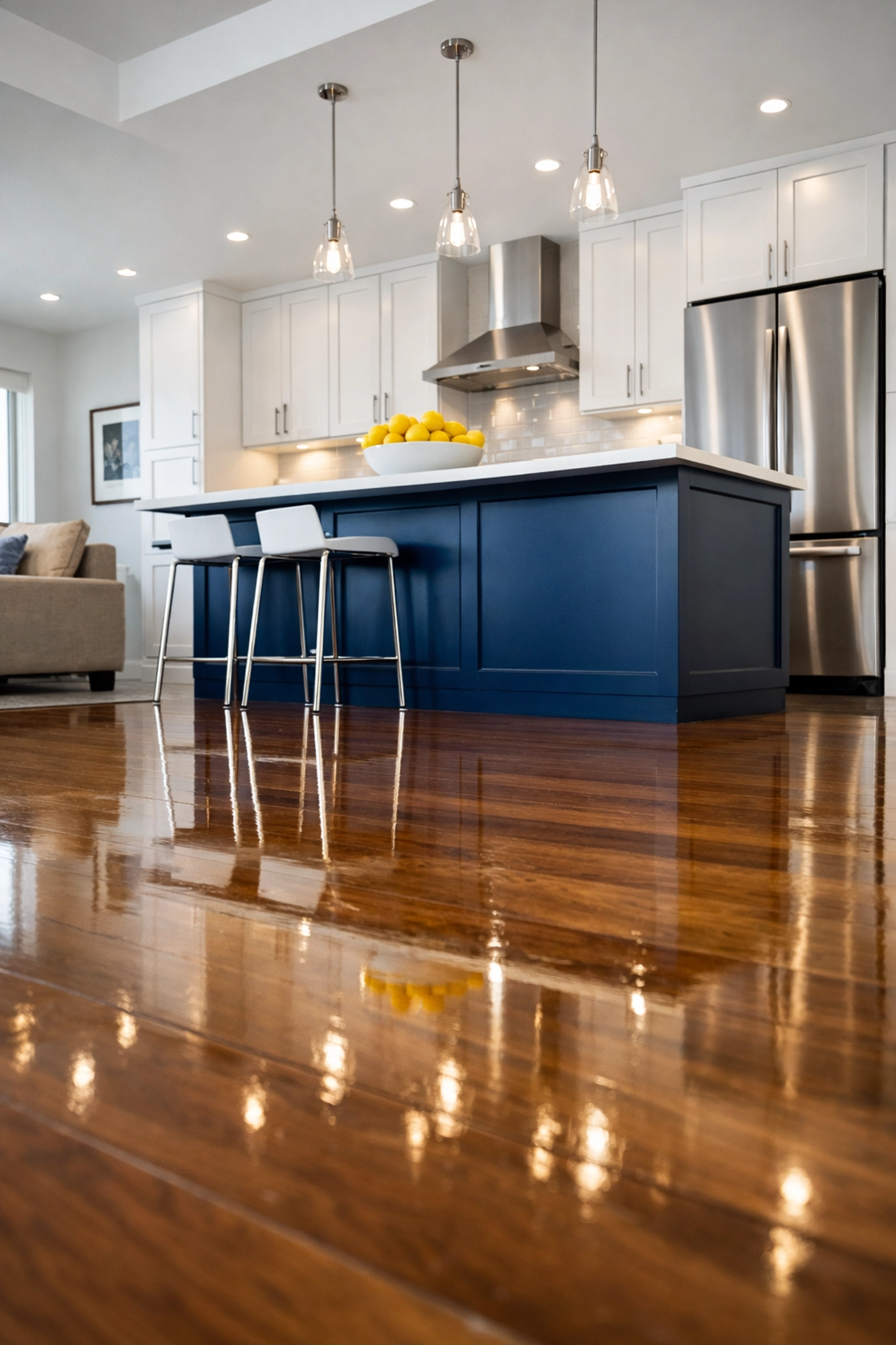 Polished hardwood floors and a spotless kitchen in a Bolton apartment after move-out cleaning.