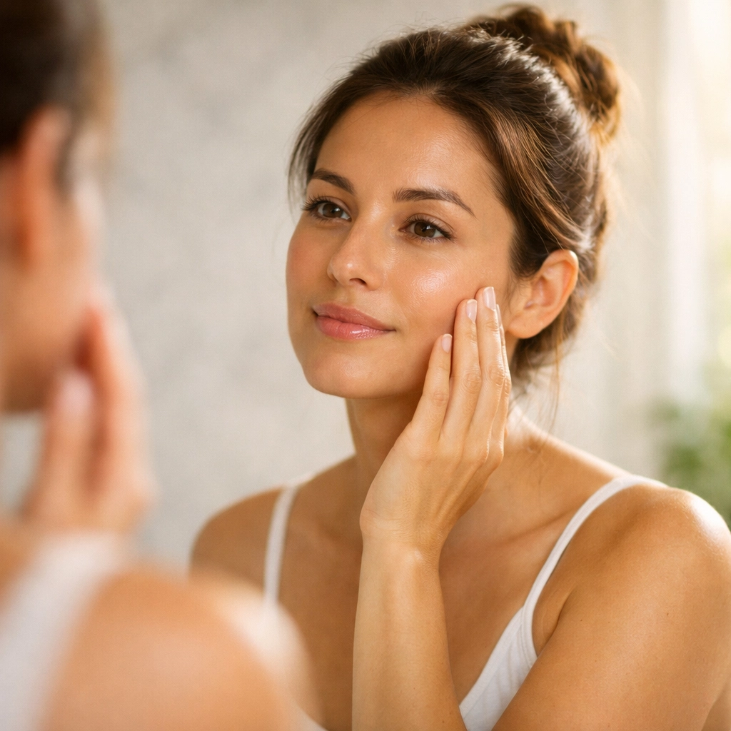 Woman examining her glowing skin in mirror during morning skincare routine