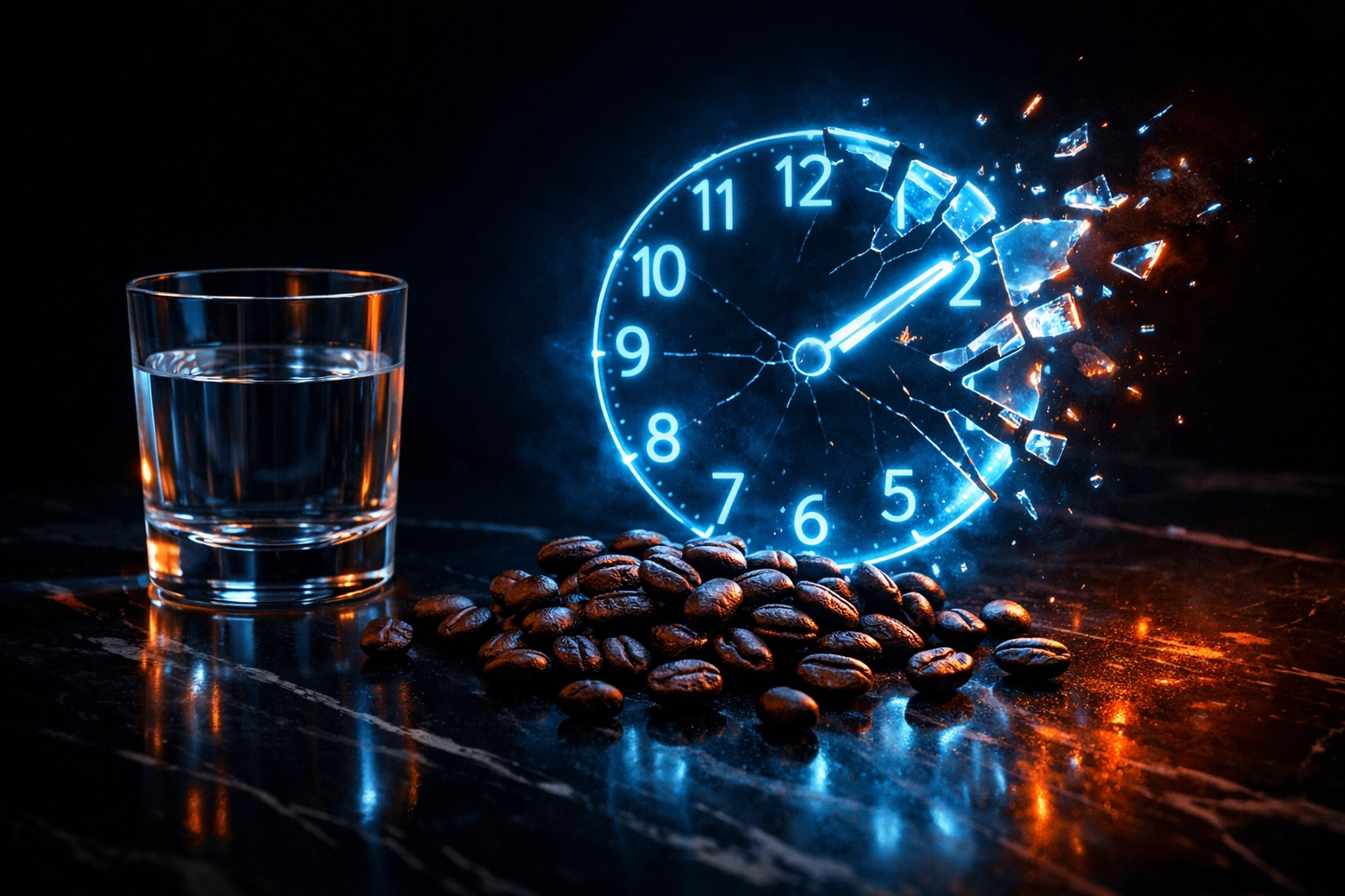 Coffee beans and a clock face representing the disruption of sleep cycles by caffeine and stimulants.