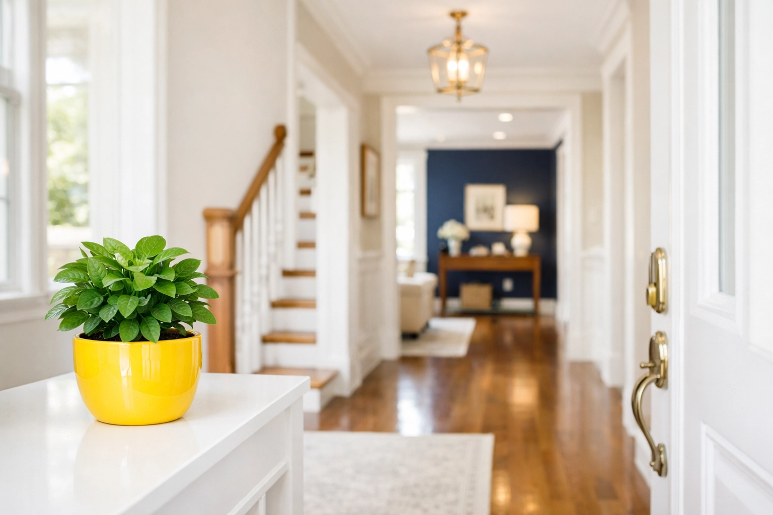 A bright, welcoming move-in ready foyer in a Lunenburg home featuring spotless floors and fresh decor.