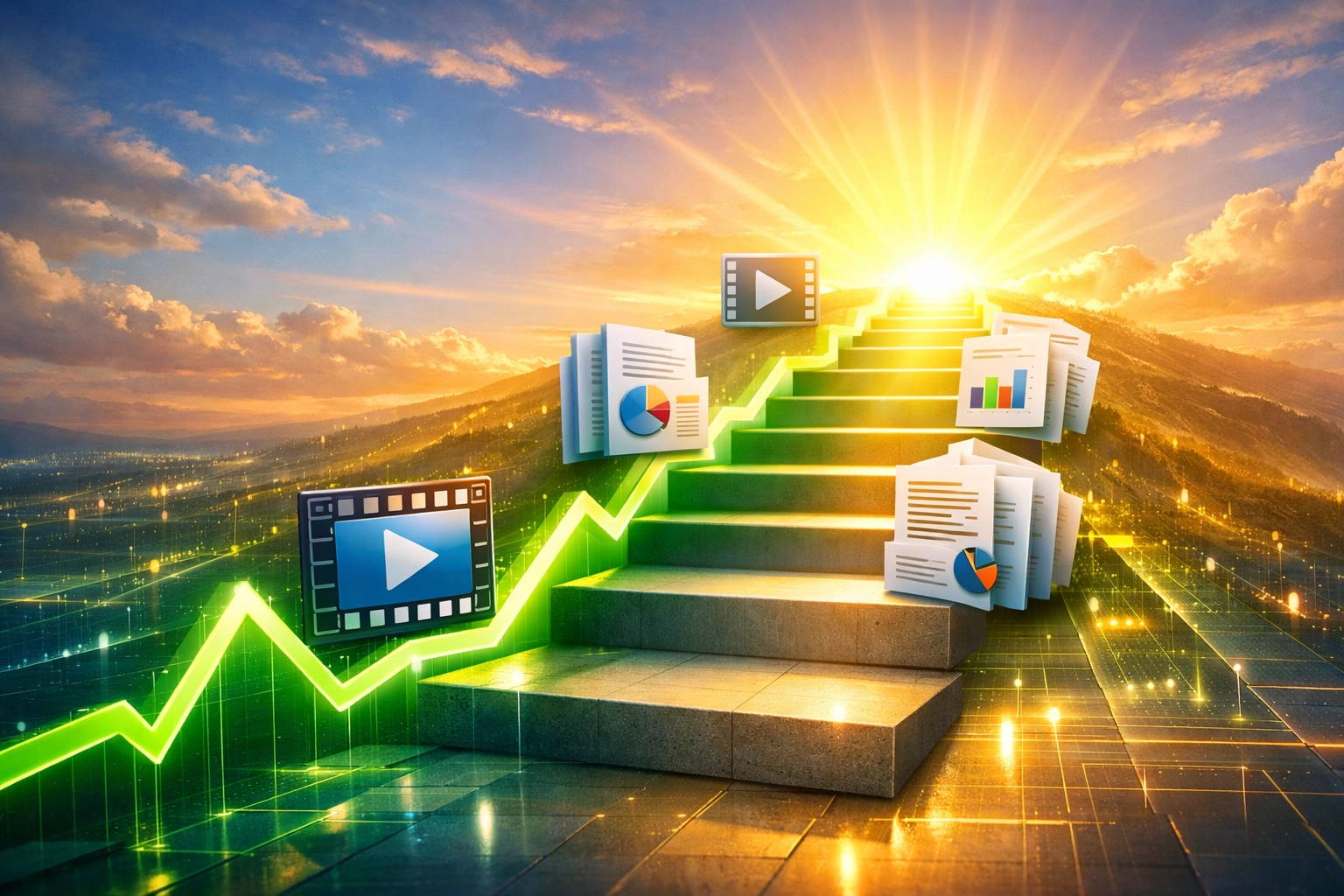A digital staircase and growth chart illustrating multi-channel growth and YouTube algorithm success.