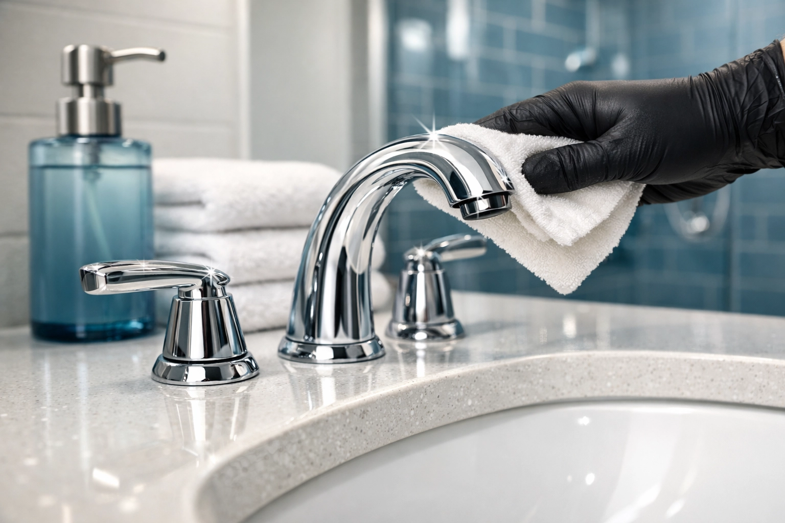 Streak-free bathroom vanity with polished chrome fixtures highlighting professional deep cleaning in Bolton.