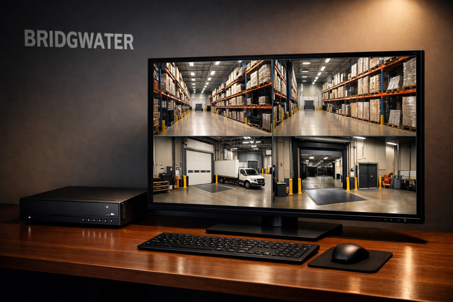 Professional 4K CCTV monitoring station and NVR system displaying live warehouse security feeds in a Somerset office.