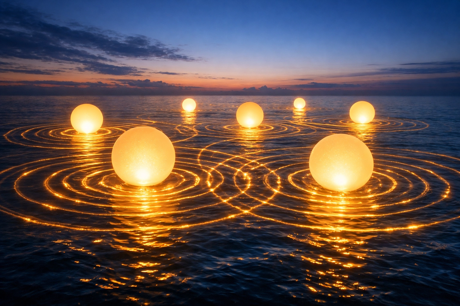 Harmonizing lights over water illustrating unified team flow and co-regulation for high performing leaders.