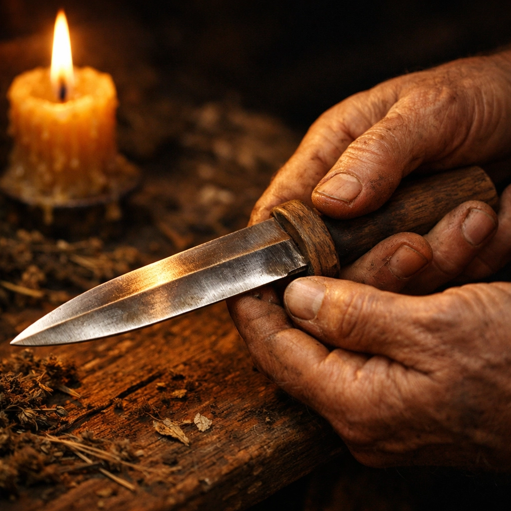 Hands holding ritual athame knife over candlelit table with dried herbs in traditional witchcraft