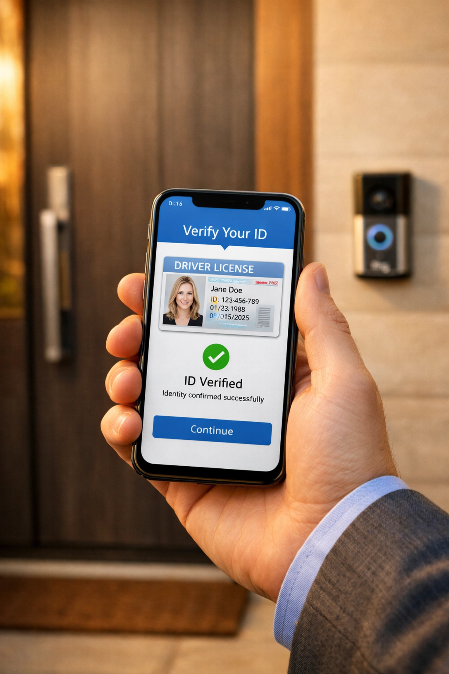 Homeowner verifying buyer identification on smartphone before FSBO home showing appointment