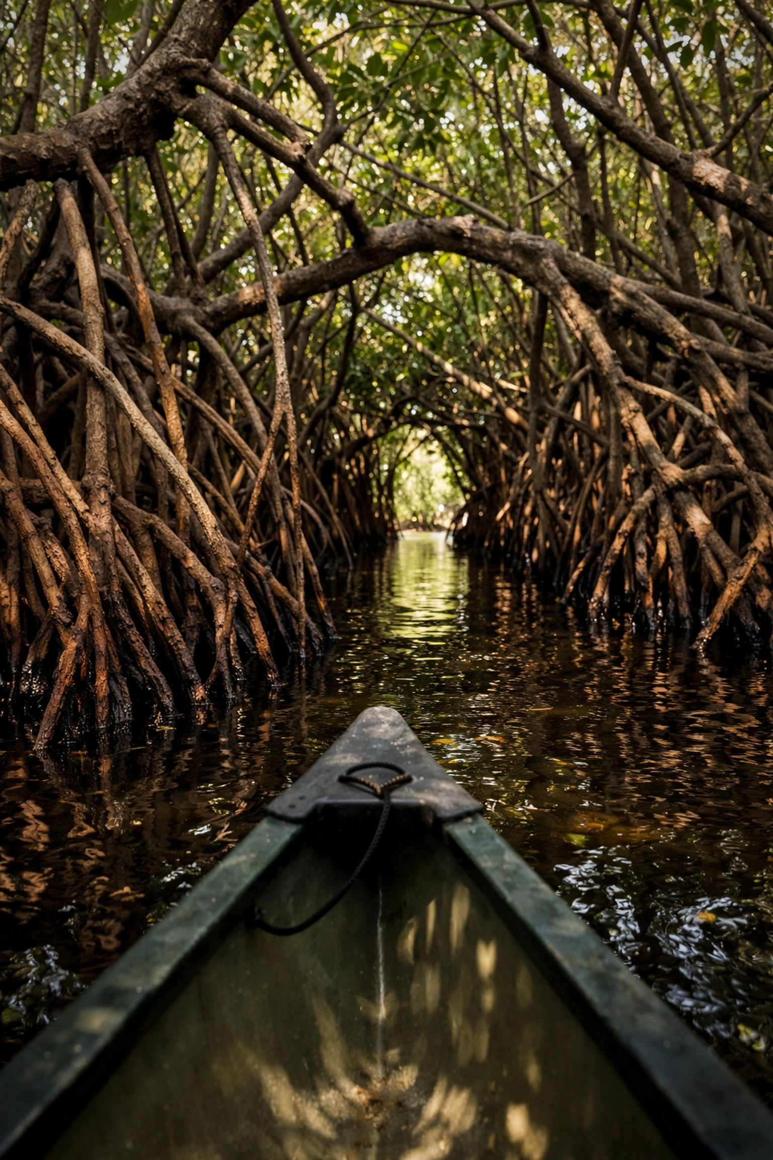 A low-angle kayak view of a lush mangrove tunnel and tangled roots at Nine Mile Pond in the Everglades.