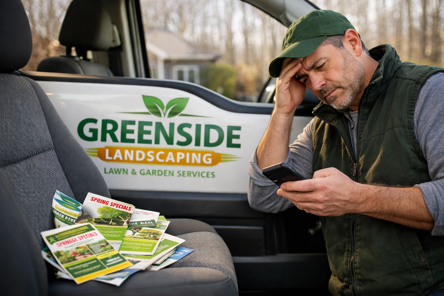 Landscaping business owner stressed by seasonal burst marketing cycle in early spring