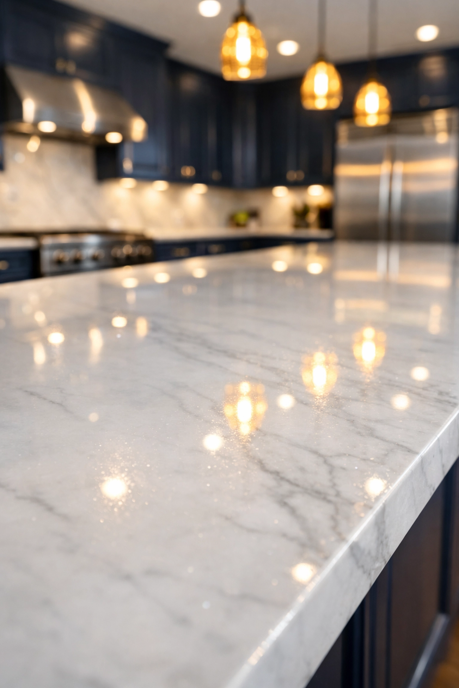 Sparkling clean marble kitchen island after expert post-construction cleaning in a Holliston home.