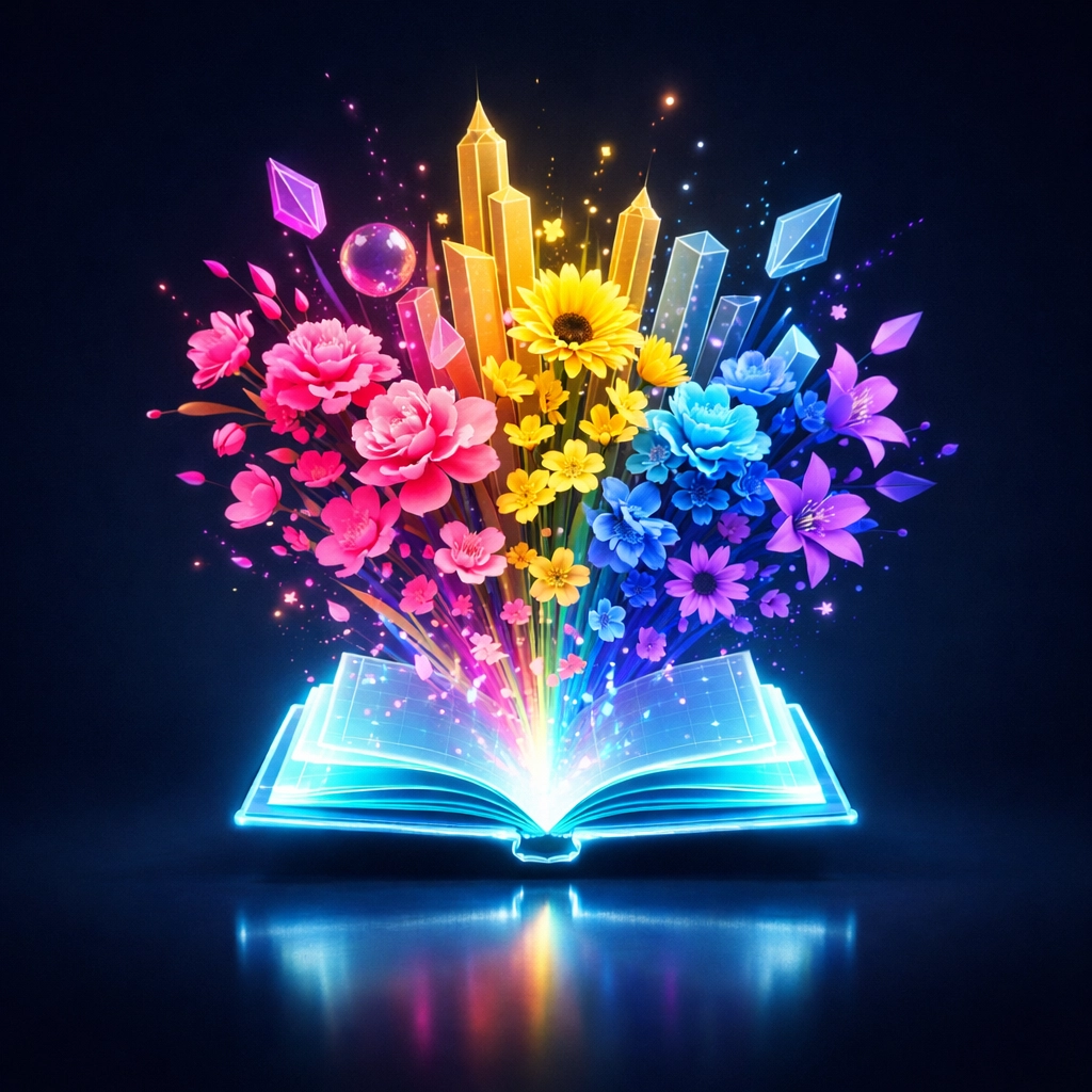 Creative digital illustration of LGBTQ+ stories blooming from a book, representing queer fiction growth.