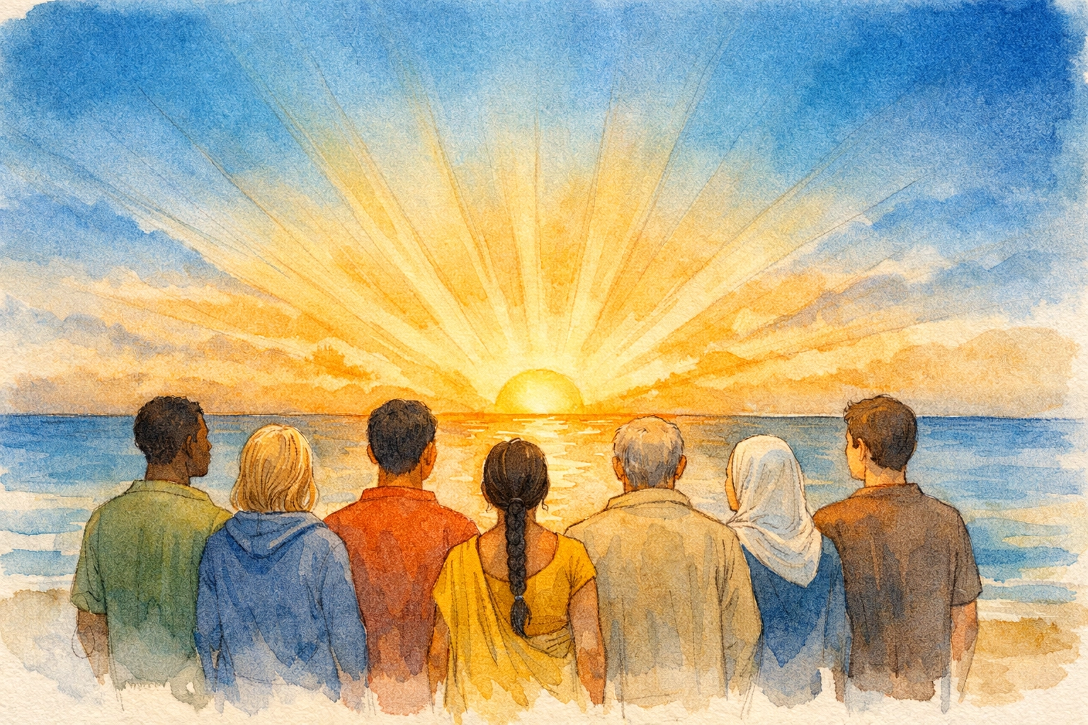 Eine vielfältige Gemeinschaft, die gemeinsam den Sonnenaufgang beobachtet, spiegelt Gottes Beschreibung seiner Schöpfung als gut in Genesis 1 wider.