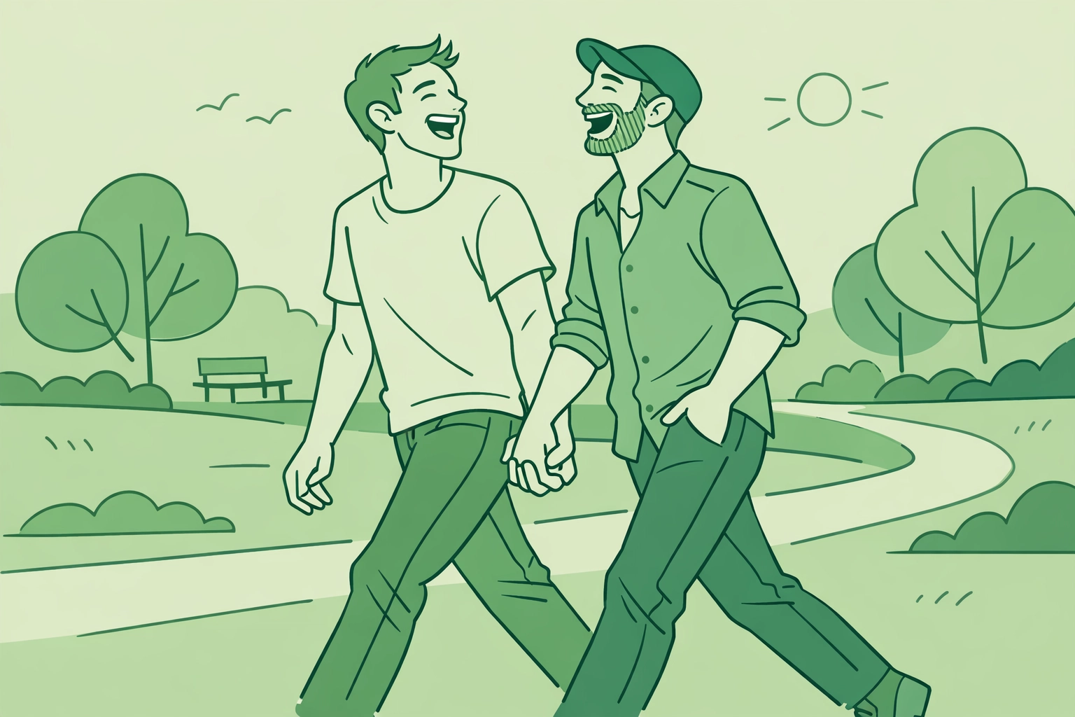 A joyful gay couple walking together, symbolizing the romantic triumph and happy endings in queer love stories.
