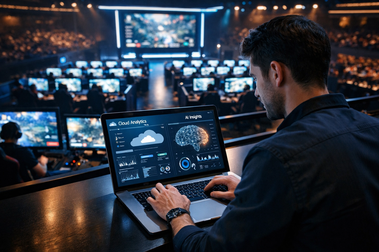 Esports gaming arena with cloud computing and AI analytics technology