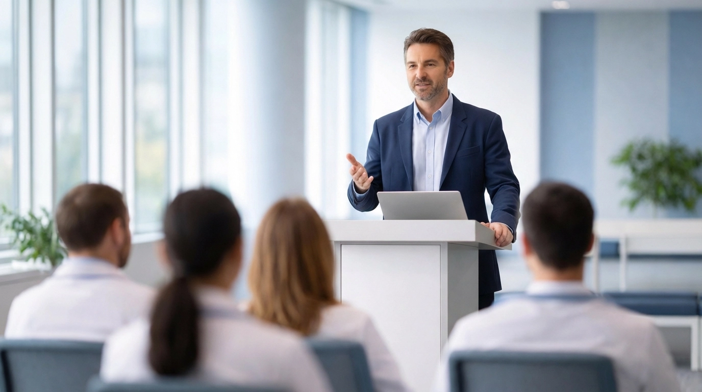 Médecin animant une conférence médicale devant un public, soulignant la formation et les revenus complémentaires pour praticiens.
