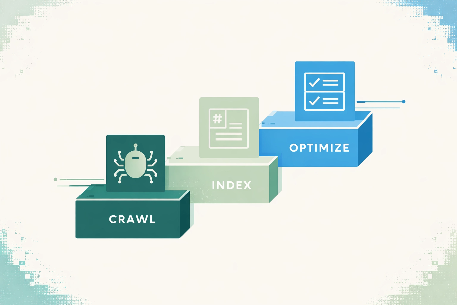 Minimalist flat-design staircase roadmap with duotone overlay and subtle pixel-glitch accents, representing a phased technical SEO audit for government websites.