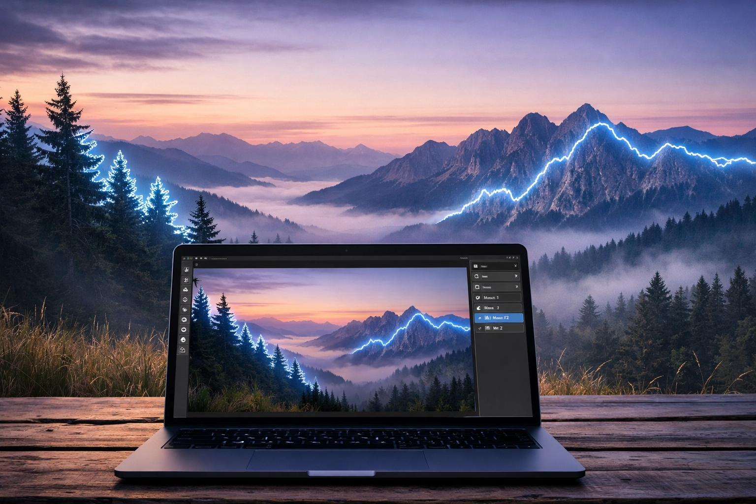 Laptop displaying advanced AI masking software for professional landscape photography editing