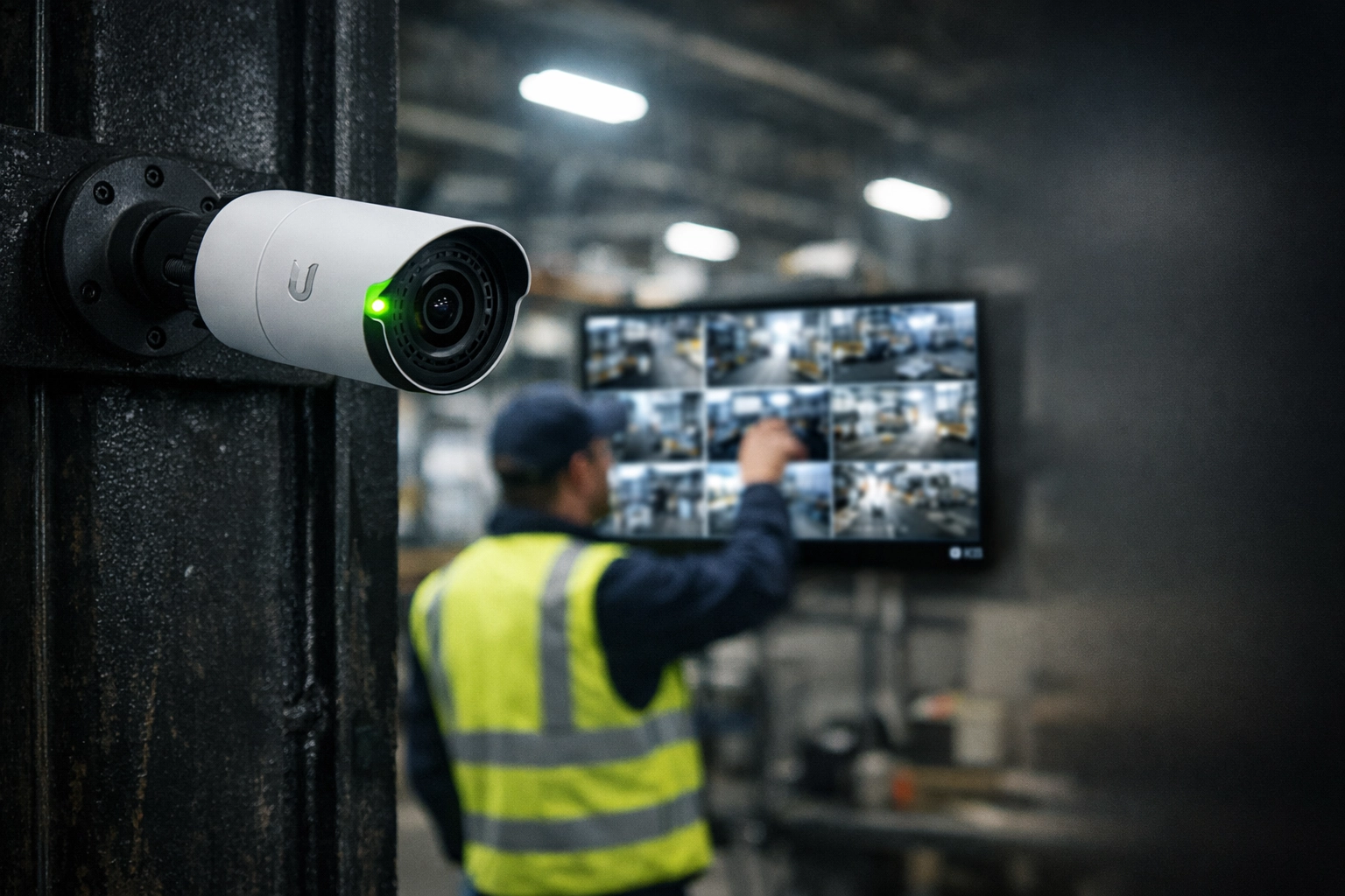 Ubiquiti Protect security camera monitoring a manufacturing facility in the Midwest.