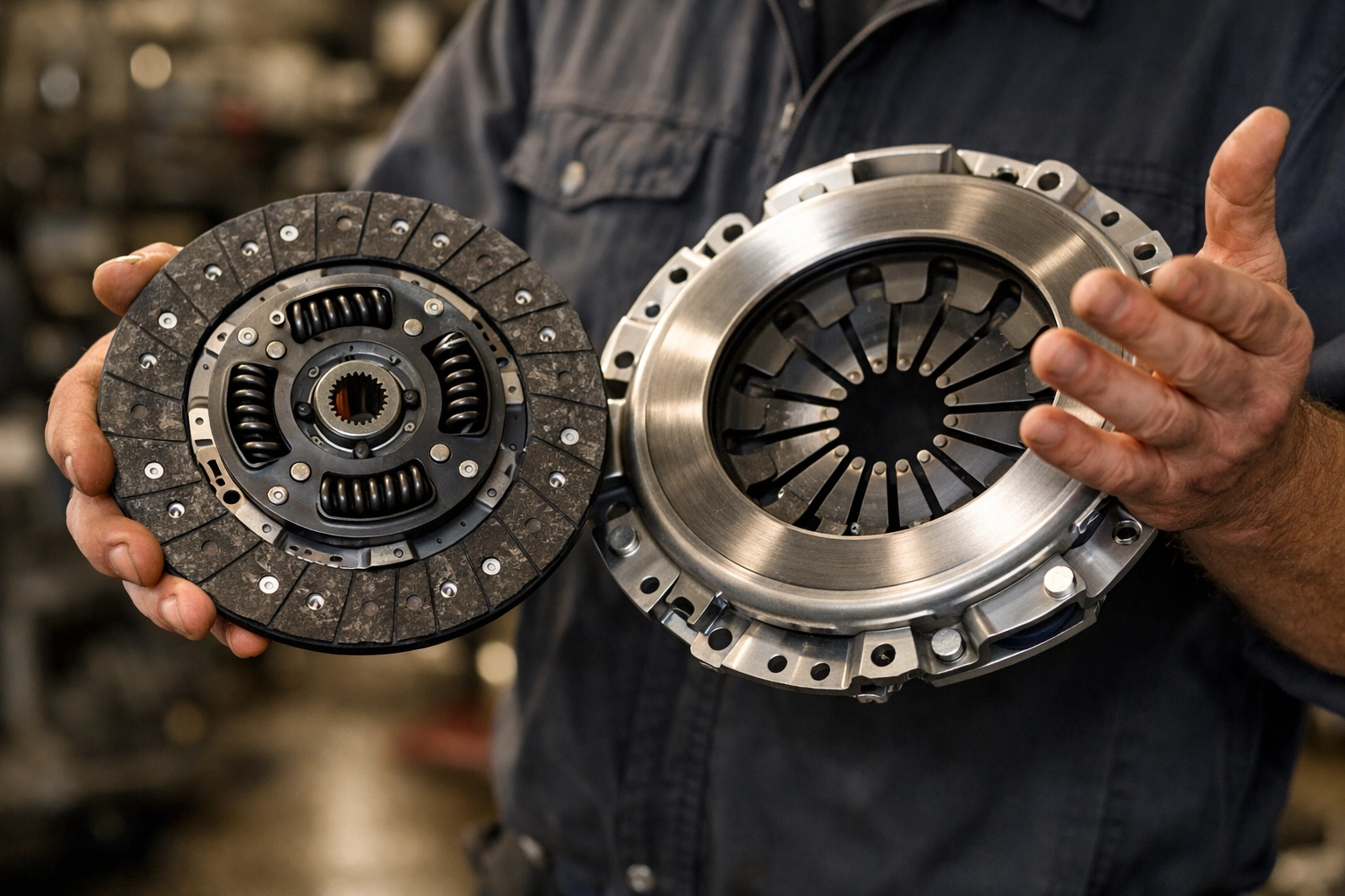 Experienced mechanic showing a new clutch kit including disc and pressure plate.
