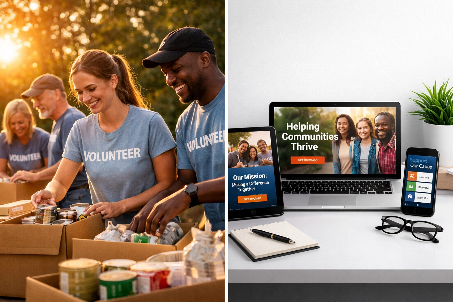Nonprofit volunteers working alongside cohesive brand presence displayed on multiple devices