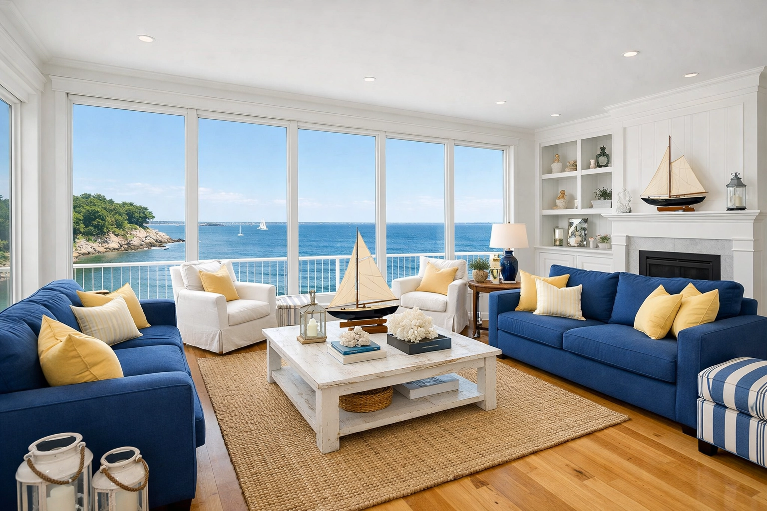 Pristine Hingham living room with ocean views and professional weekly house cleaning Hingham MA results.