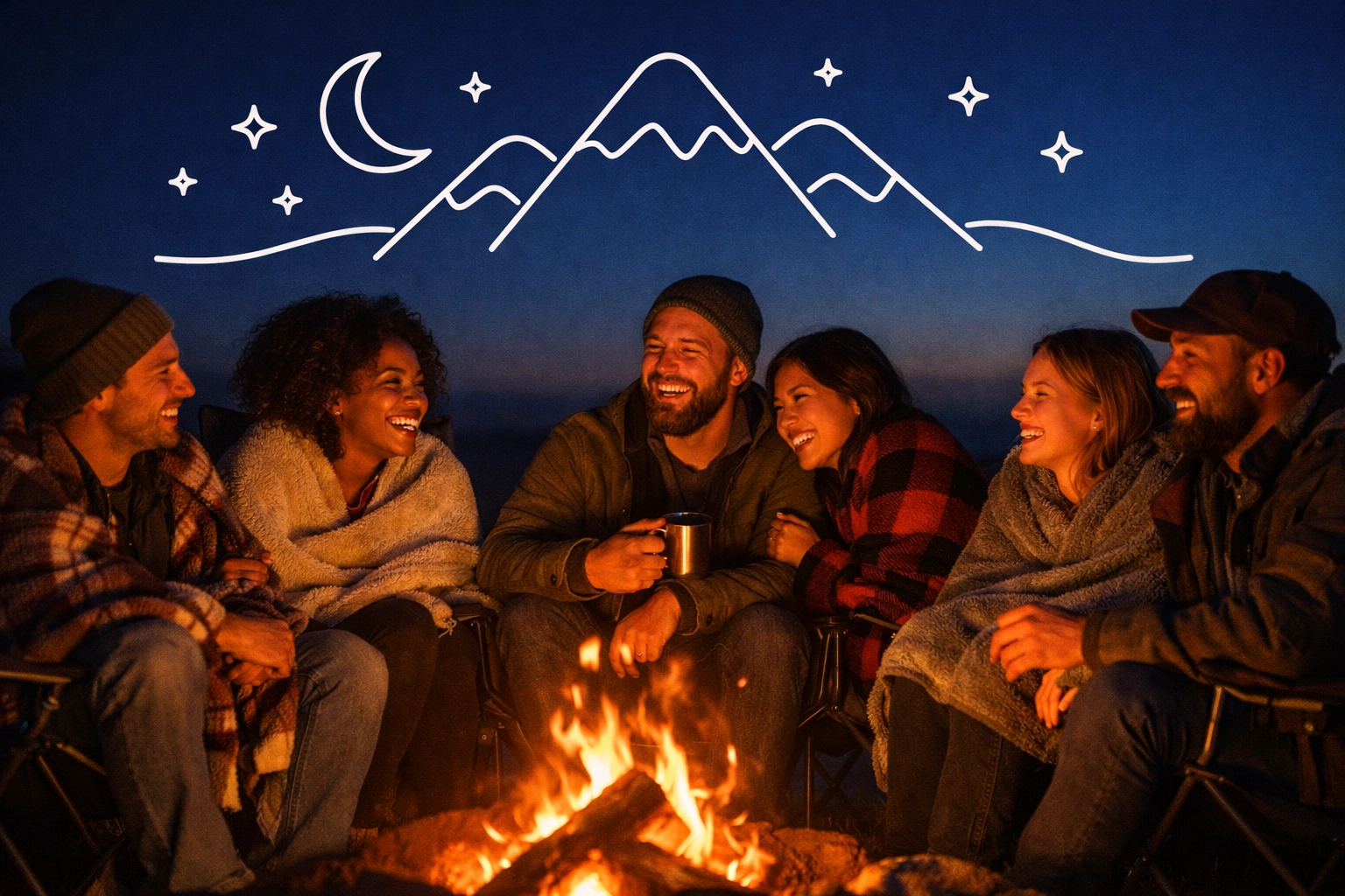 Friends enjoying a campfire night in rented gear, representing the Chartrflex community movement.