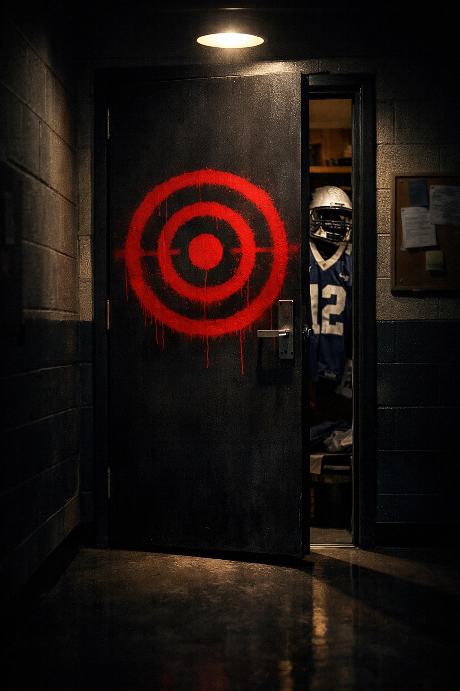 College dorm door with target bullseye showing student-athlete safety risks from NIL disclosure