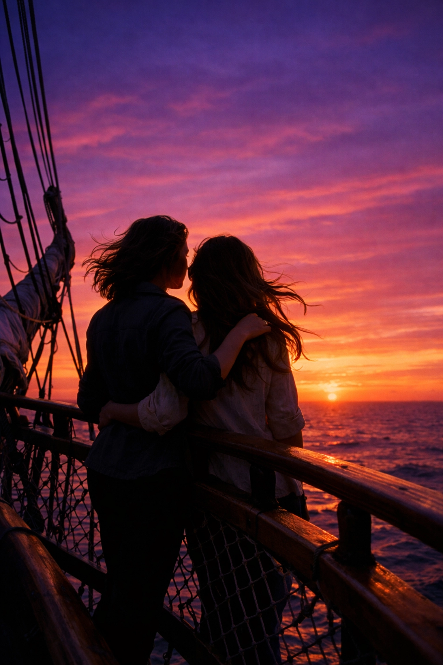 A lesbian couple embracing at the railing of a tall ship at sunset, symbolizing romantic freedom in queer fiction.