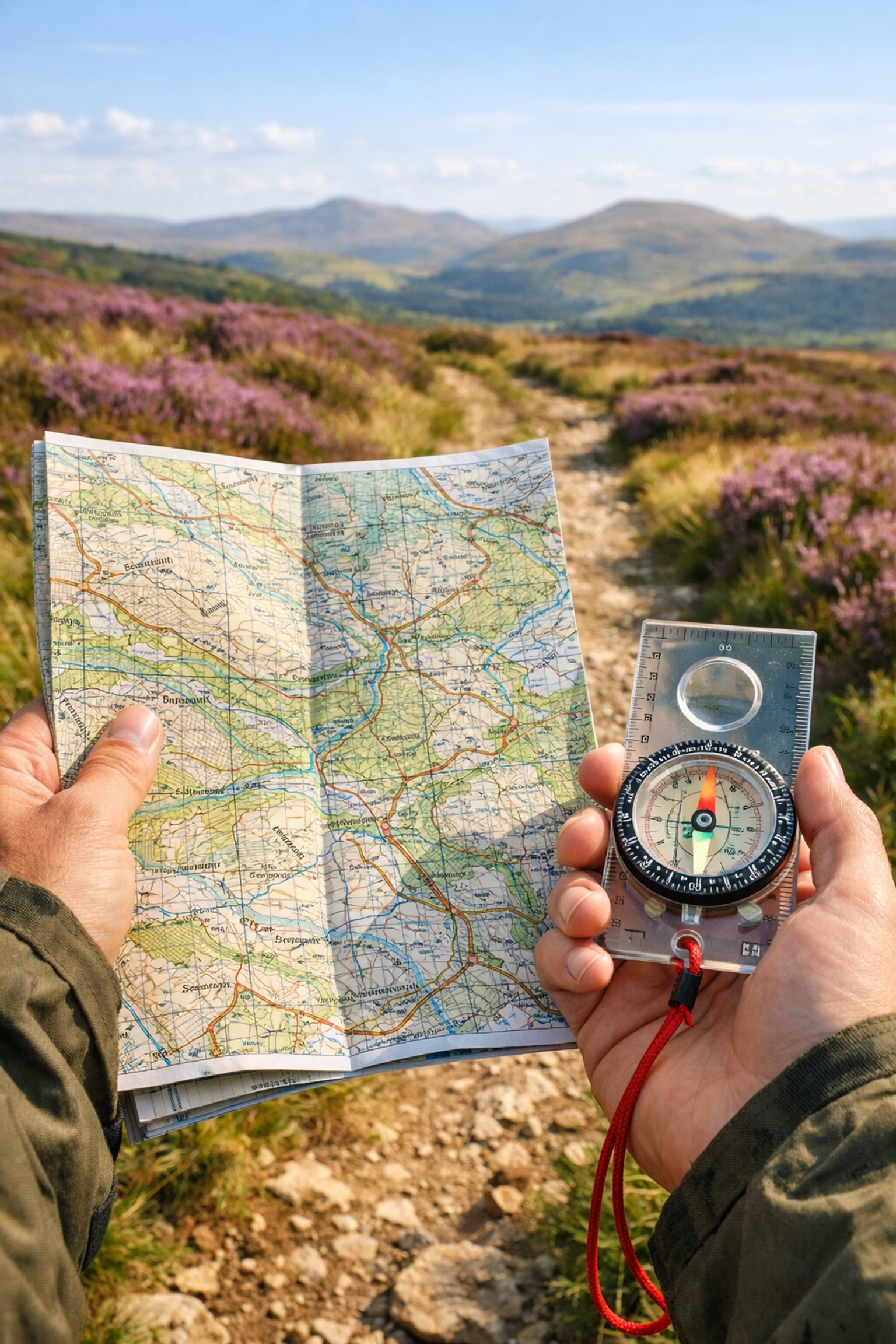 A hiker using a paper map and compass for navigation during guided walks in the Lake District.