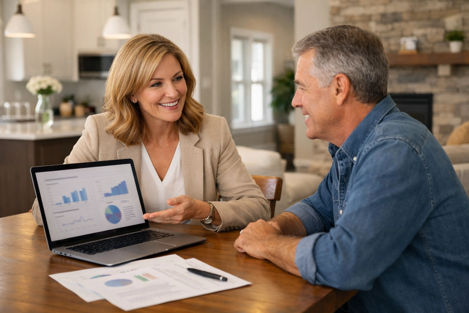 Professional real estate expert and homeowner planning a strategic Triad home sale in a sunlit living room.
