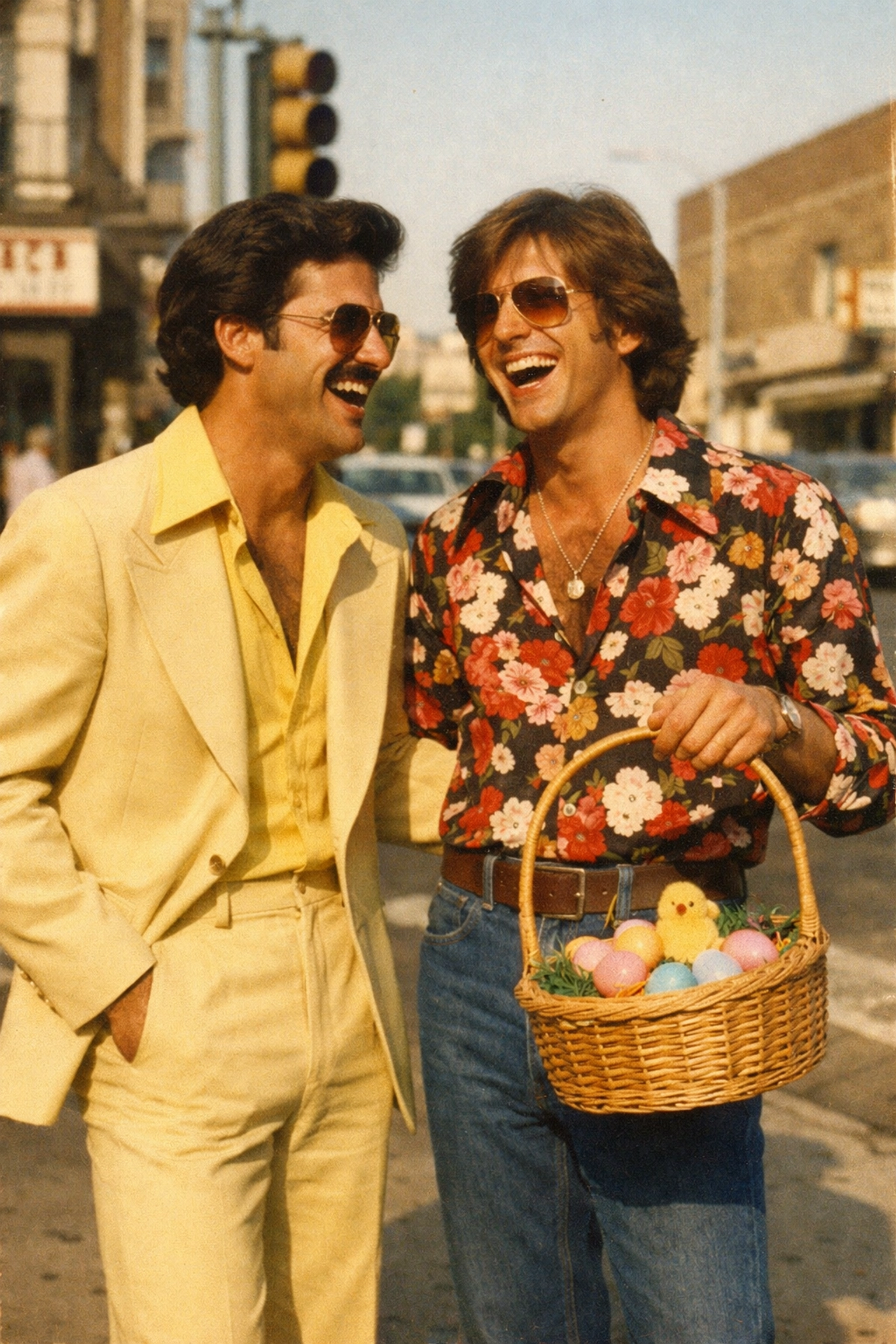 1970s gay men in stylish pastel suits celebrating a historic Gay Easter Parade on a sunny street.