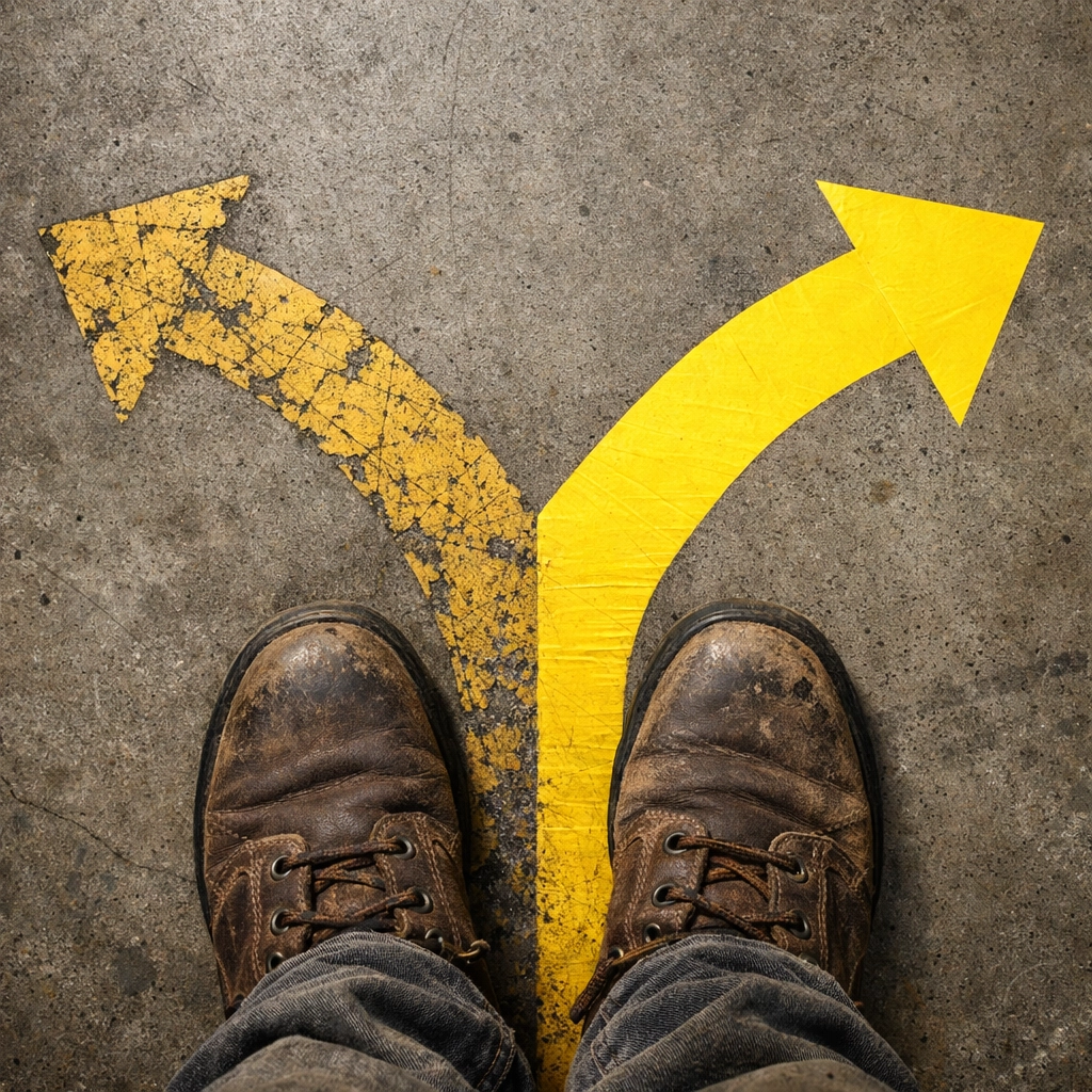 Work boots at crossroads between old and new safety methods showing status quo bias