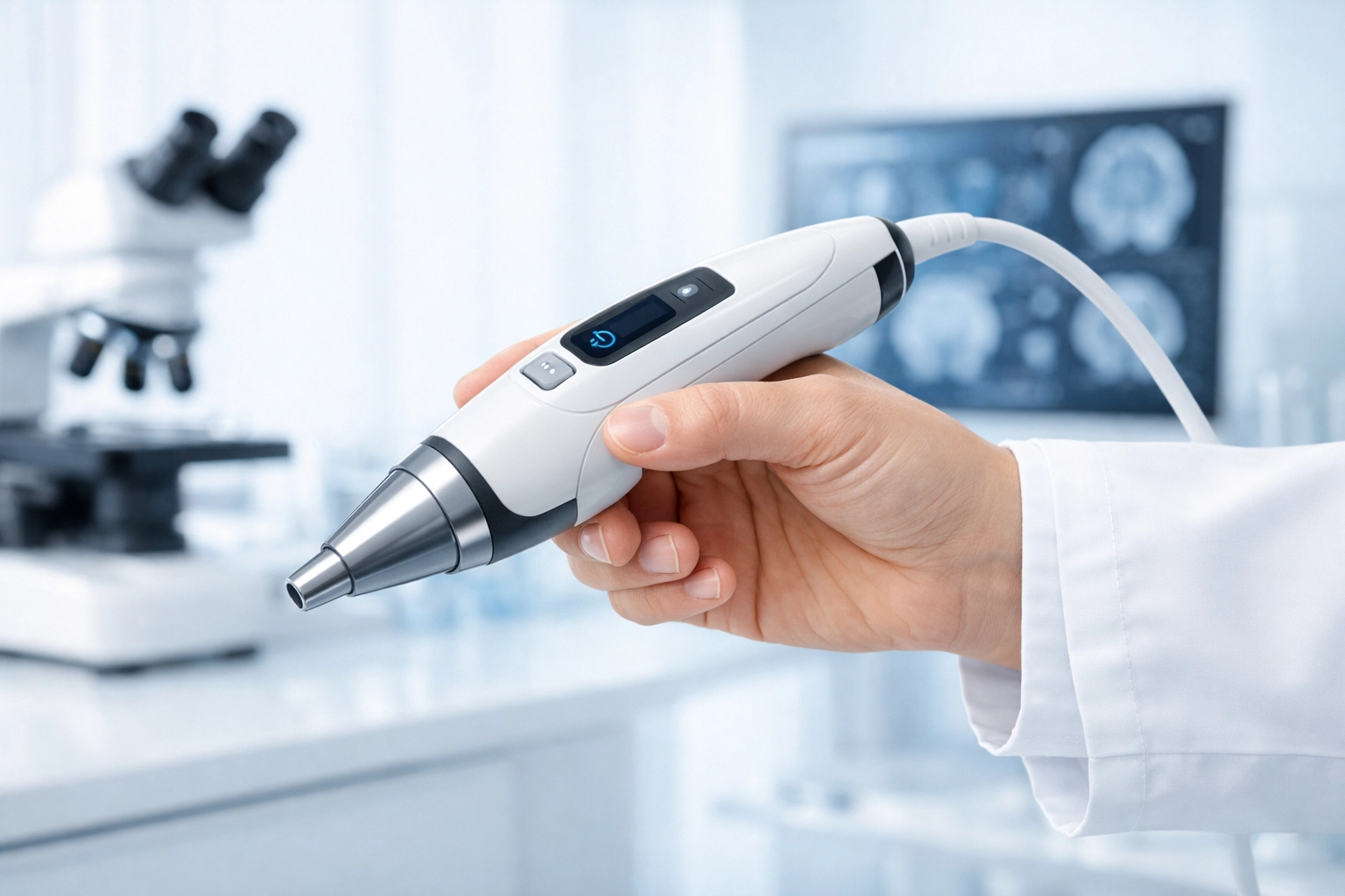 Healthcare provider holding a medical device for weight loss treatments like tirzepatide or semaglutide.