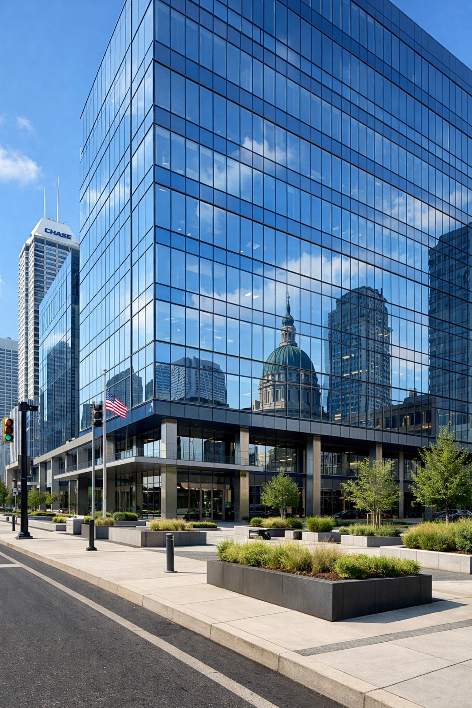 Exterior of a modern commercial building in downtown Indianapolis showcasing clean, professional property maintenance.