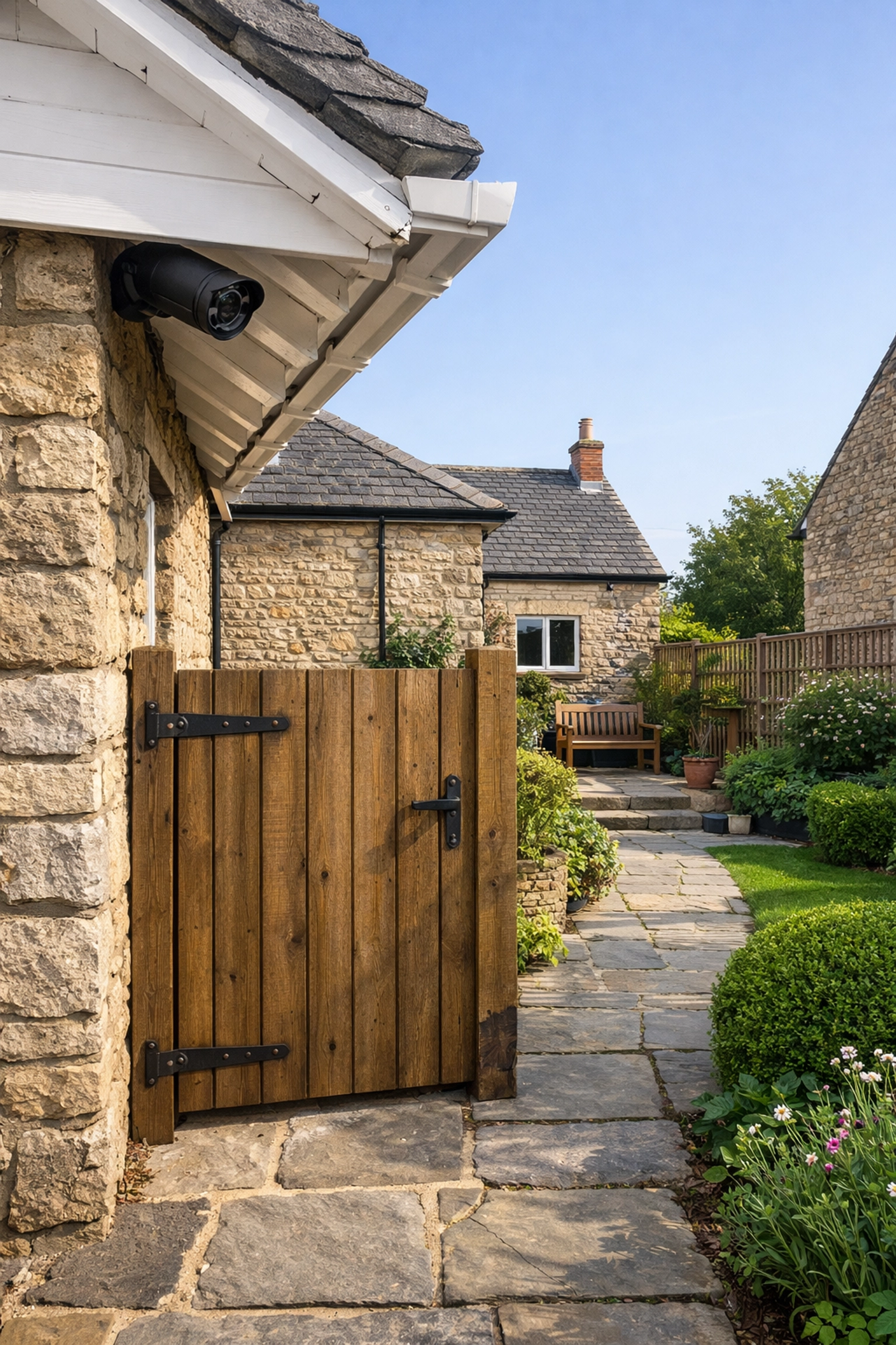 Discreet security camera monitoring a side entrance and rear garden of a Bristol property.